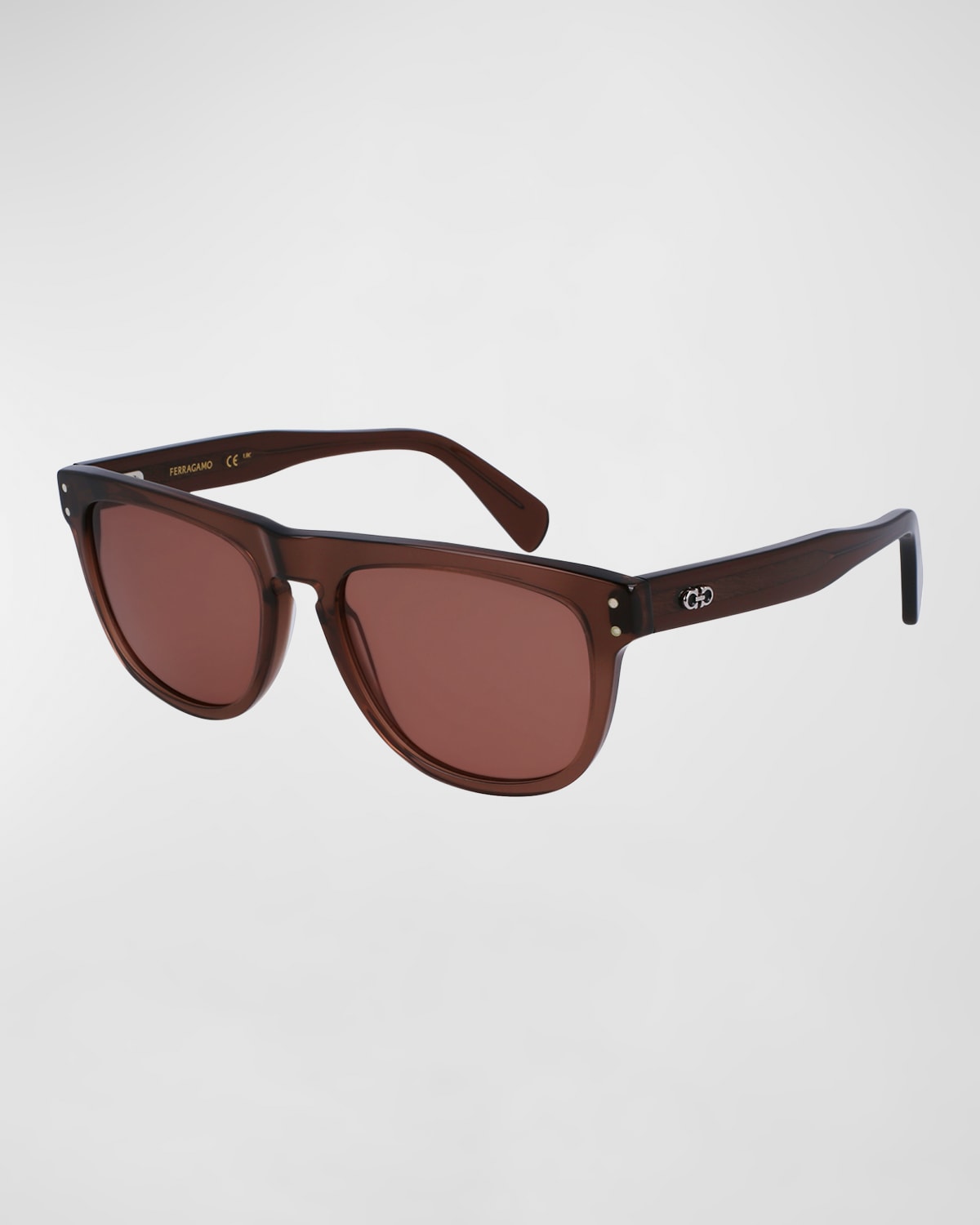 Ferragamo Men's Gancini Tea Cup Acetate Rectangle Sunglasses In Transparent Brown