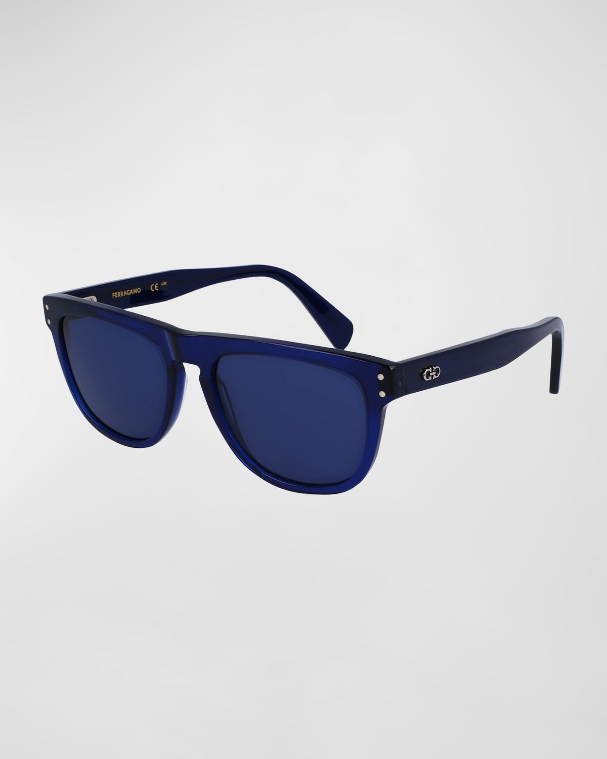 Ferragamo Men's Gancini Tea Cup Acetate Rectangle Sunglasses In Transparent Blue