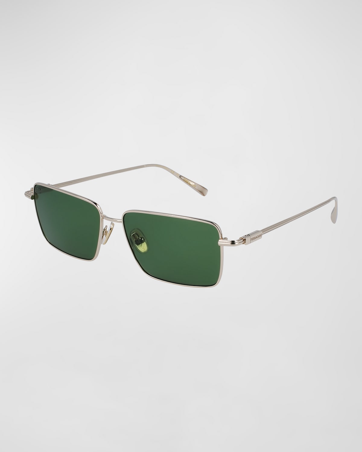 Shop Ferragamo Men's Gancini Evolution Metal Rectangle Sunglasses In Light Gold/green