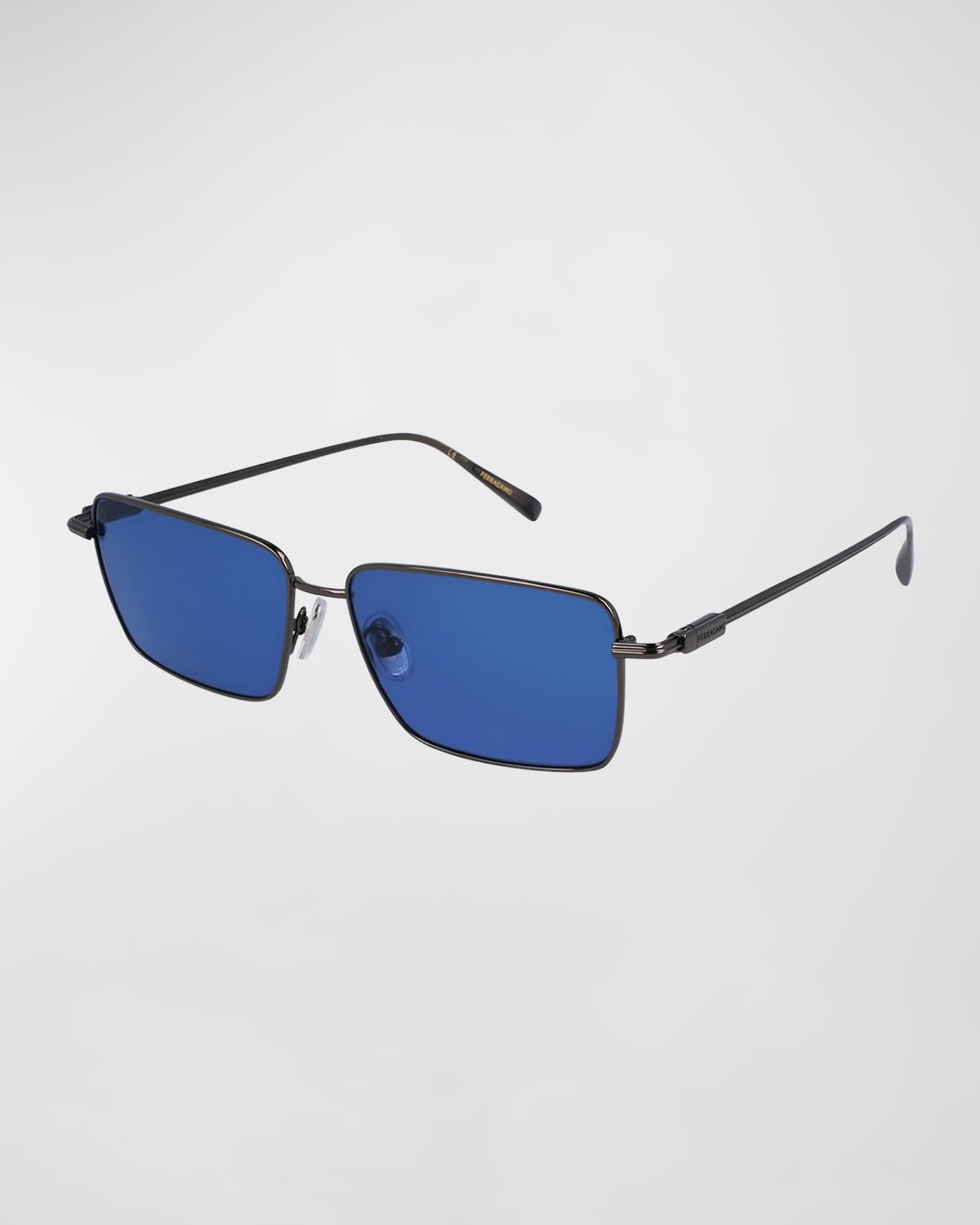 Shop Ferragamo Men's Gancini Evolution Metal Rectangle Sunglasses In Dark Gun/blue