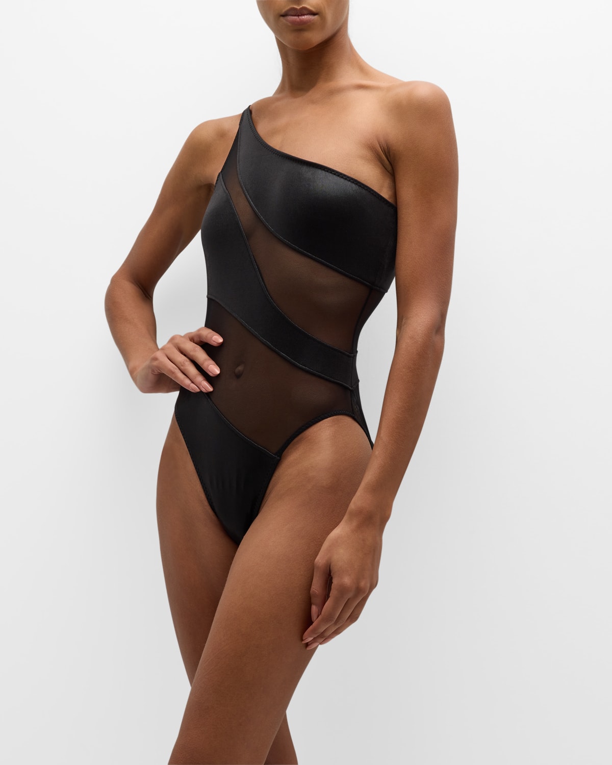 Shop Norma Kamali Lame Snake Mesh Mio One-piece Swimsuit In Black/black Mesh