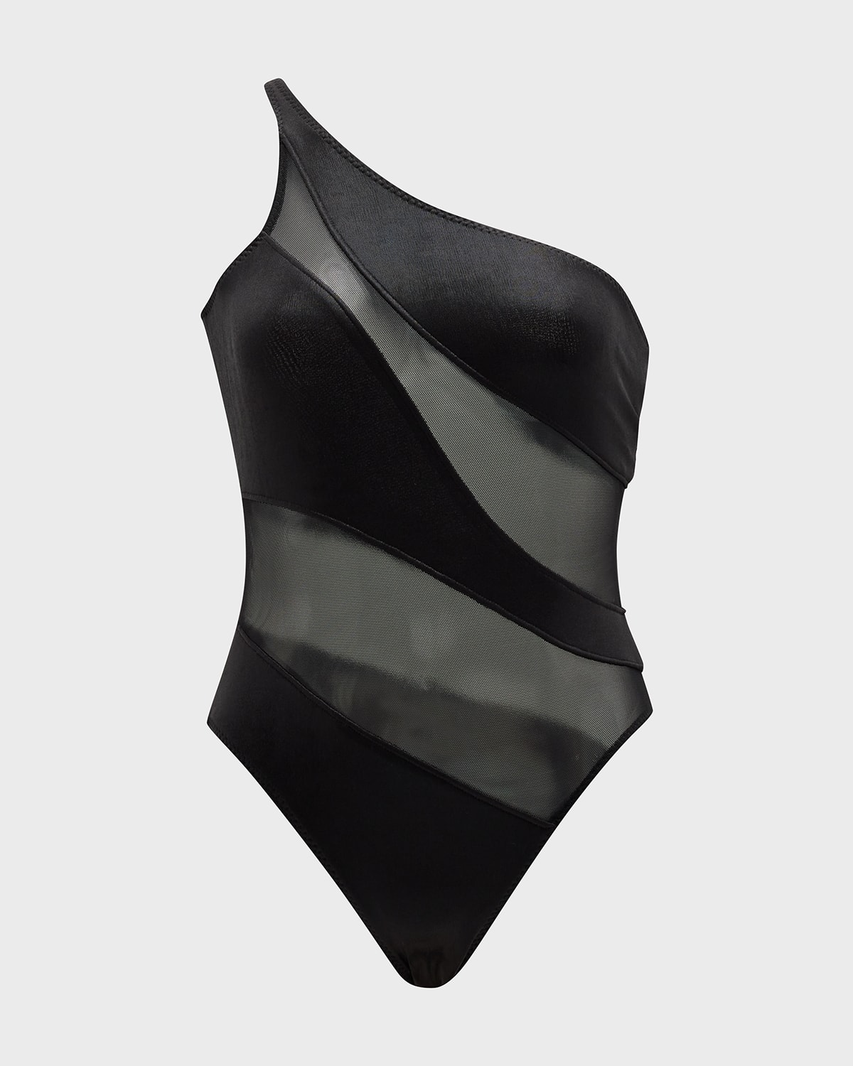 Norma Kamali One-shoulder Snake-print Mesh One-piece Swimsuit In Black/black Mesh