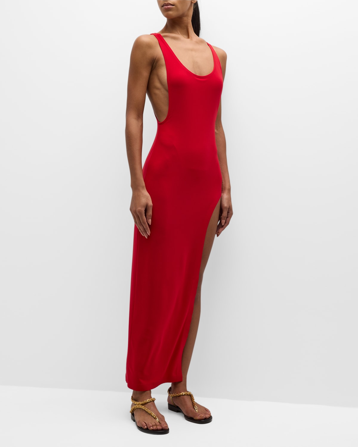 Shop Norma Kamali Marissa Wide Slit Gown In Tiger Red