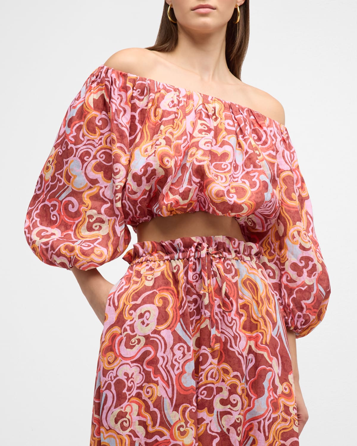 A.l.c Katherine Printed Off-the-shoulder Crop Top In Baked Clay Multi