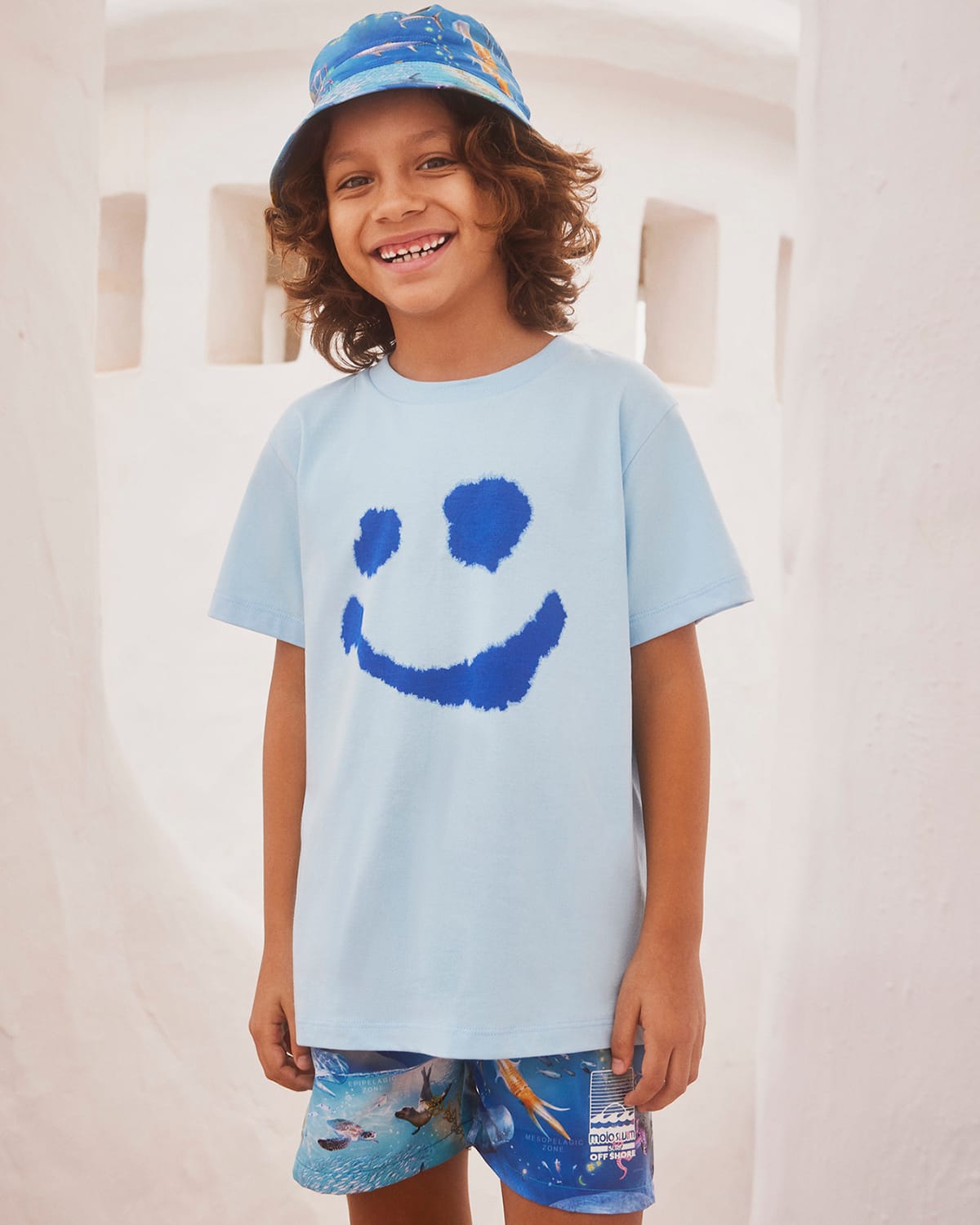 Molo Kids' Boy's Rame Happy Face Graphic T-shirt In Water Smile
