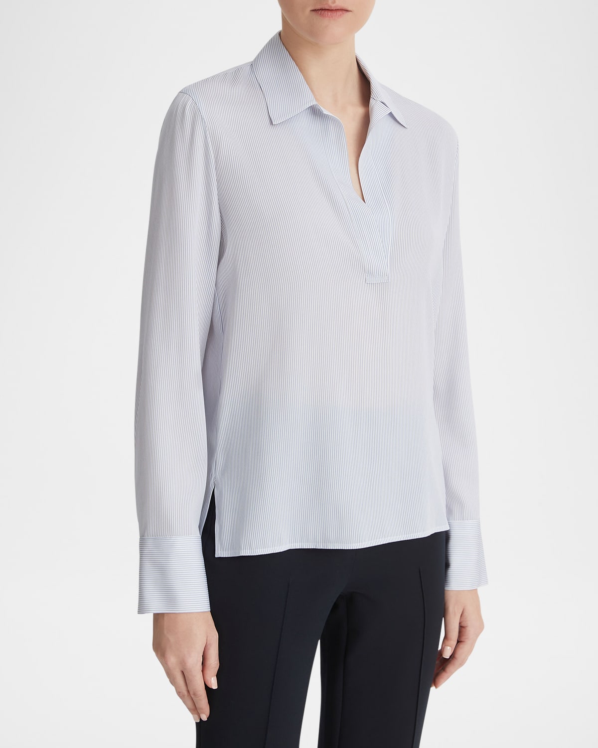 Shop Vince Micro Stripe Silk-blend Pullover Blouse In Sky Graphite