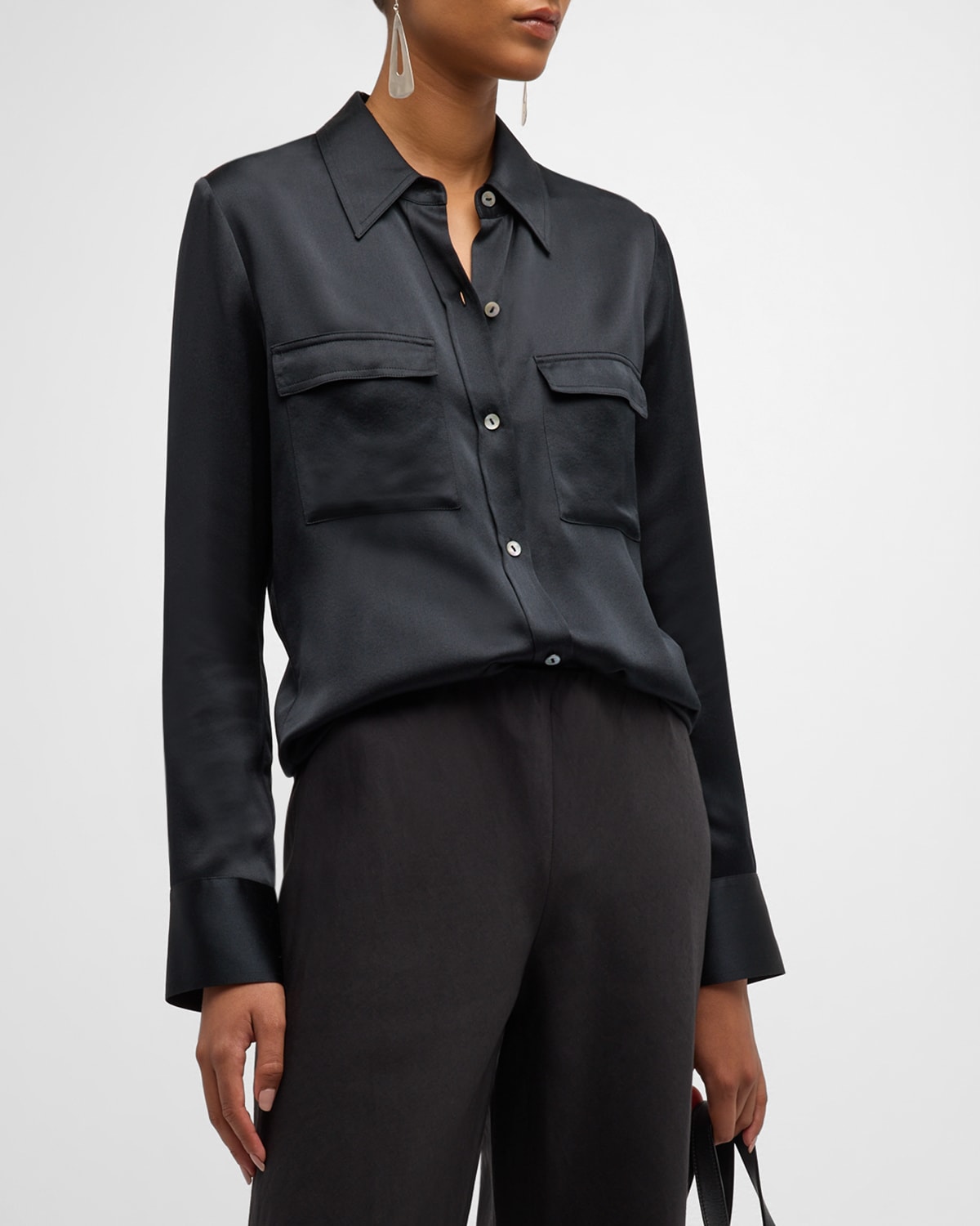 Vince Silk Chest Pocket Long-sleeve Blouse In Black