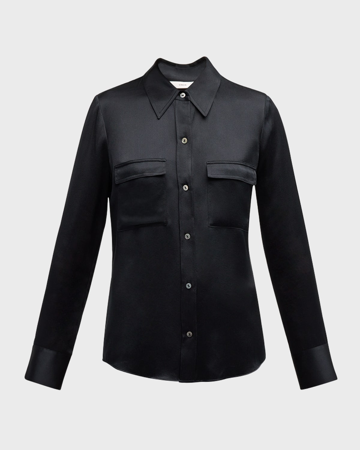 Vince Silk Chest Pocket Long-sleeve Blouse In Black