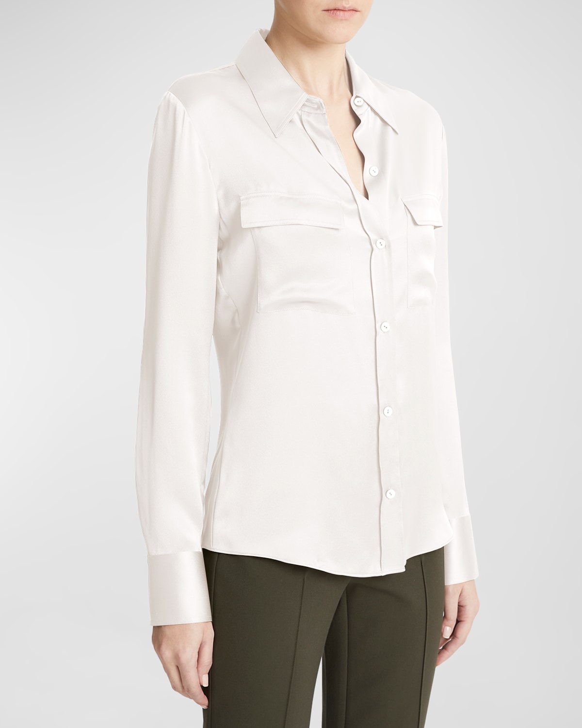 Shop Vince Silk Chest Pocket Long-sleeve Blouse In Off White
