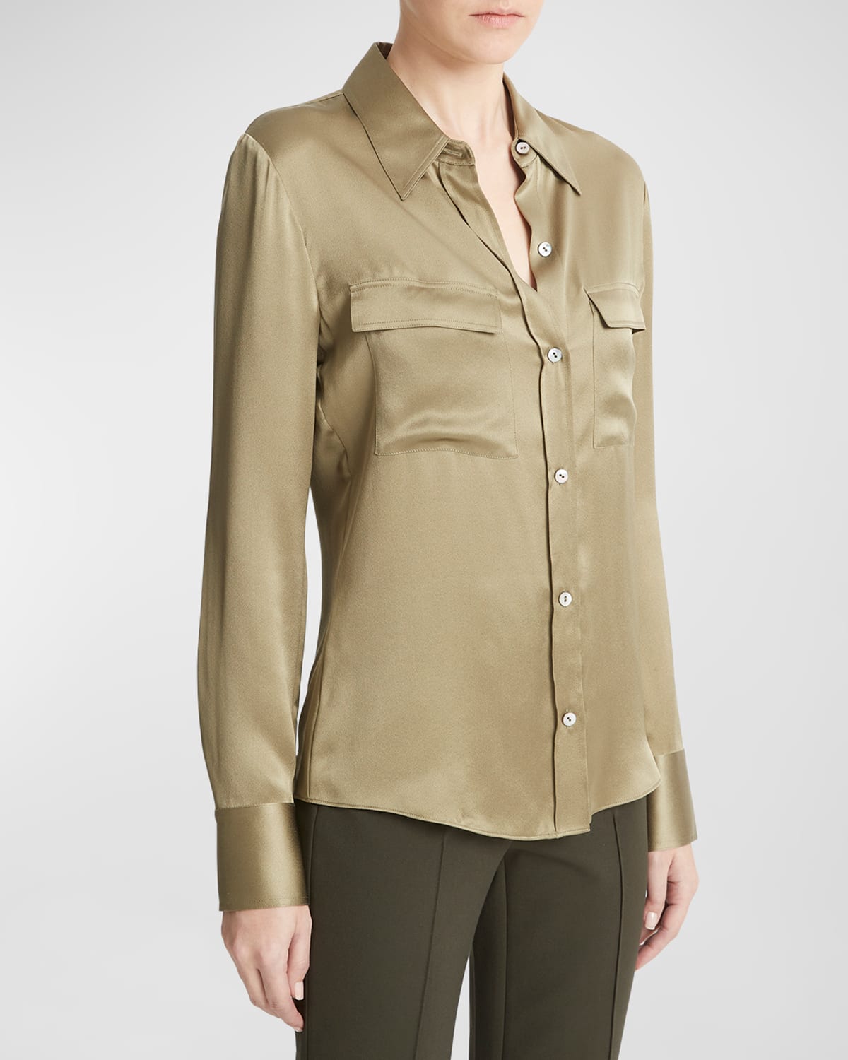 Vince Silk Chest Pocket Long-sleeve Blouse In Artichoke