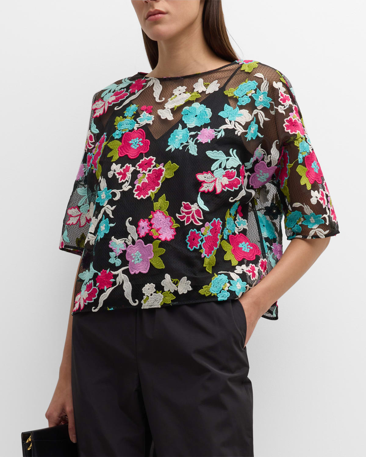 Natori Tangier Floral-embroidered Tulle Blouse In Black Multi