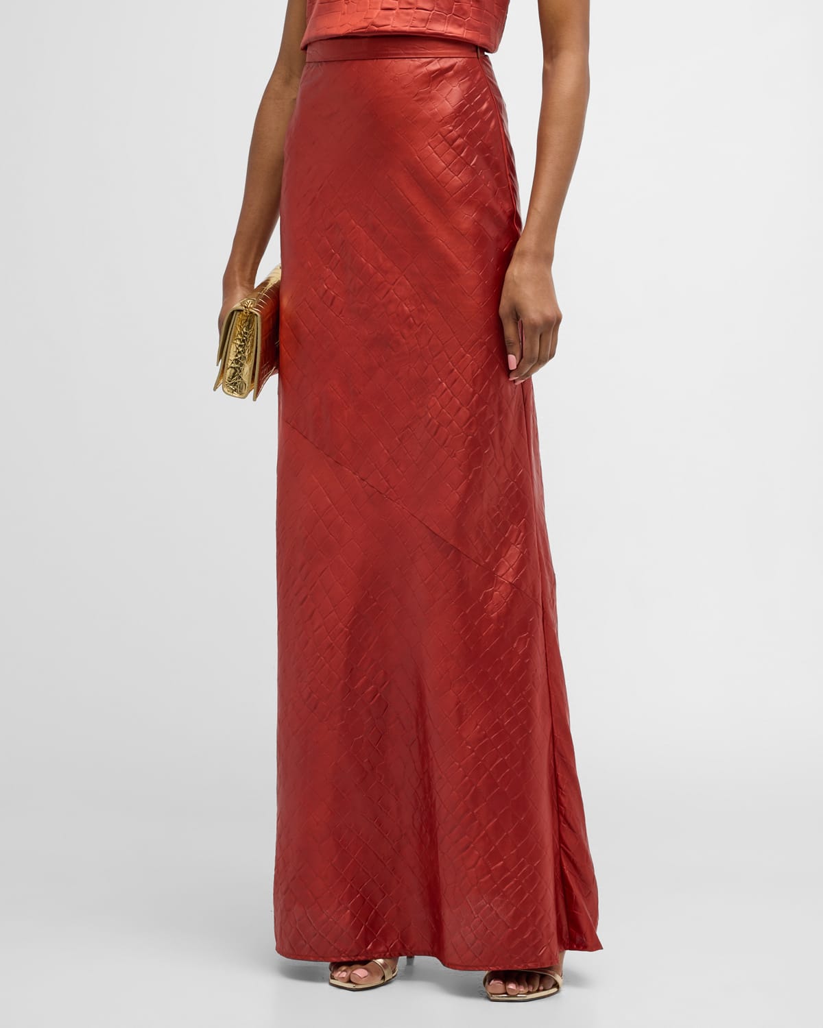 St John Croc-embossed Italian Fluid Satin Maxi Skirt In Auburn