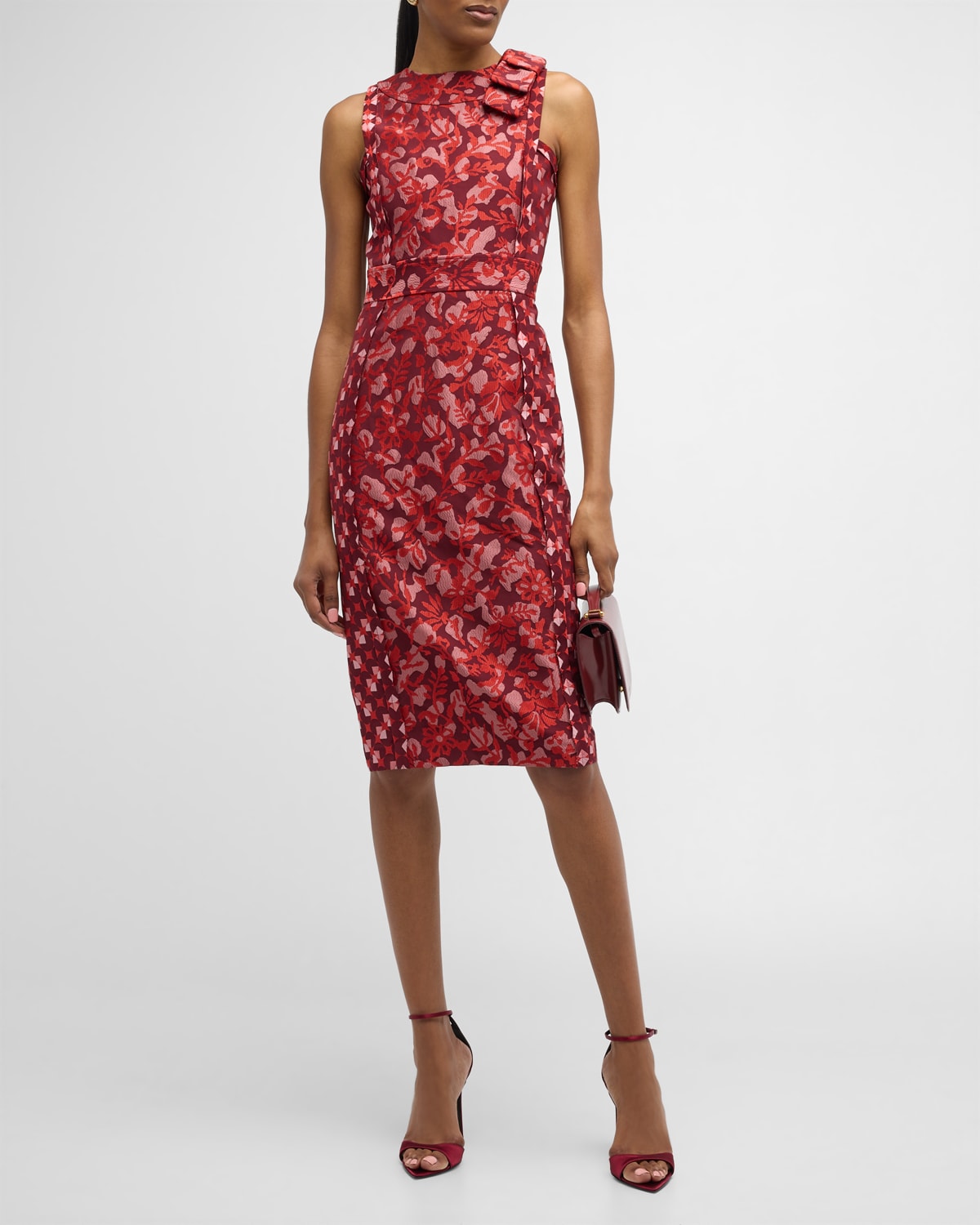 Shop St John Italian Floral Geo Collage Jacquard Bow Sleeveless Dress In Cranberry Multi