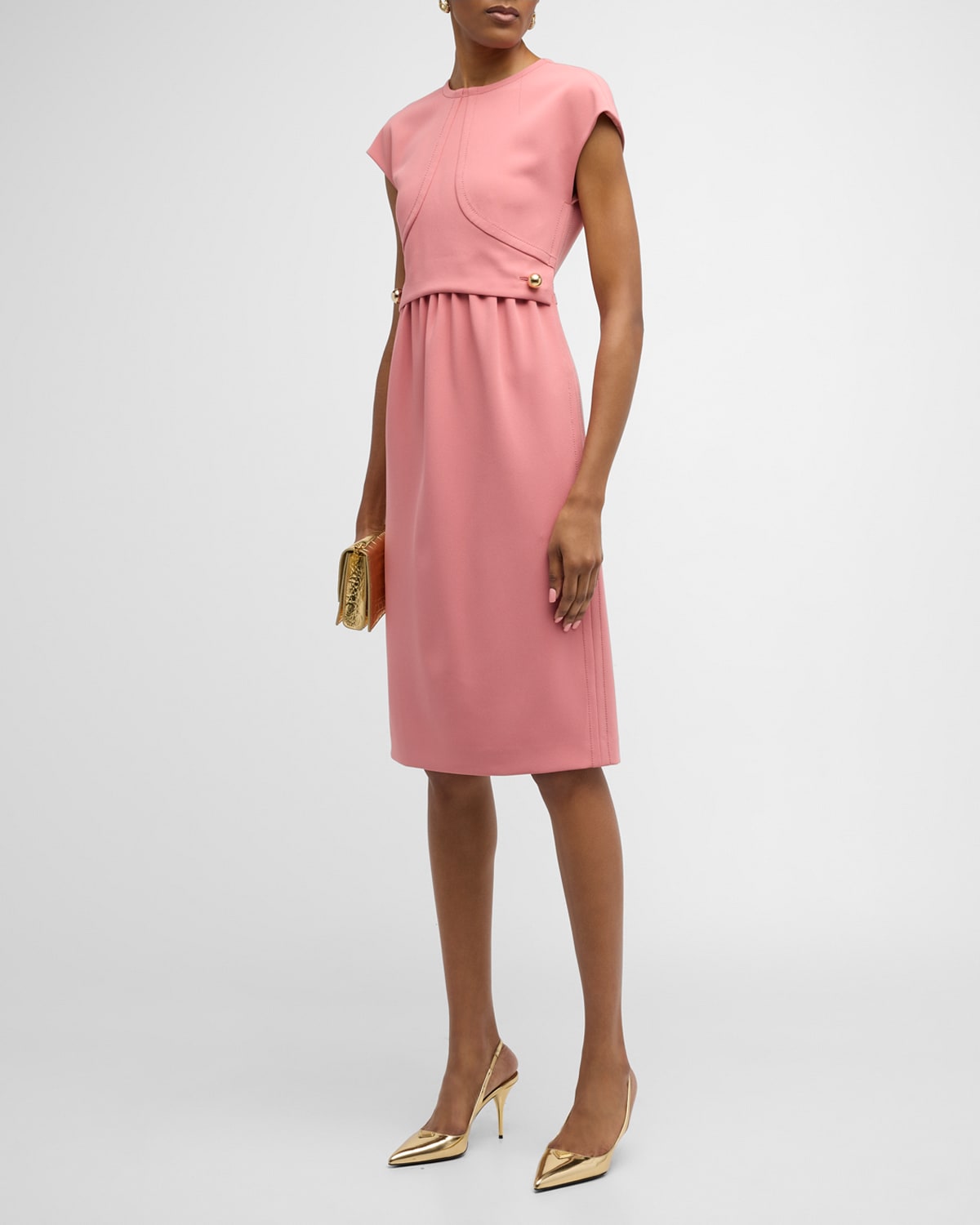Shop St John Ball-button Topstitched Cap-sleeve Italian Stretch Cady Dress In Rouge