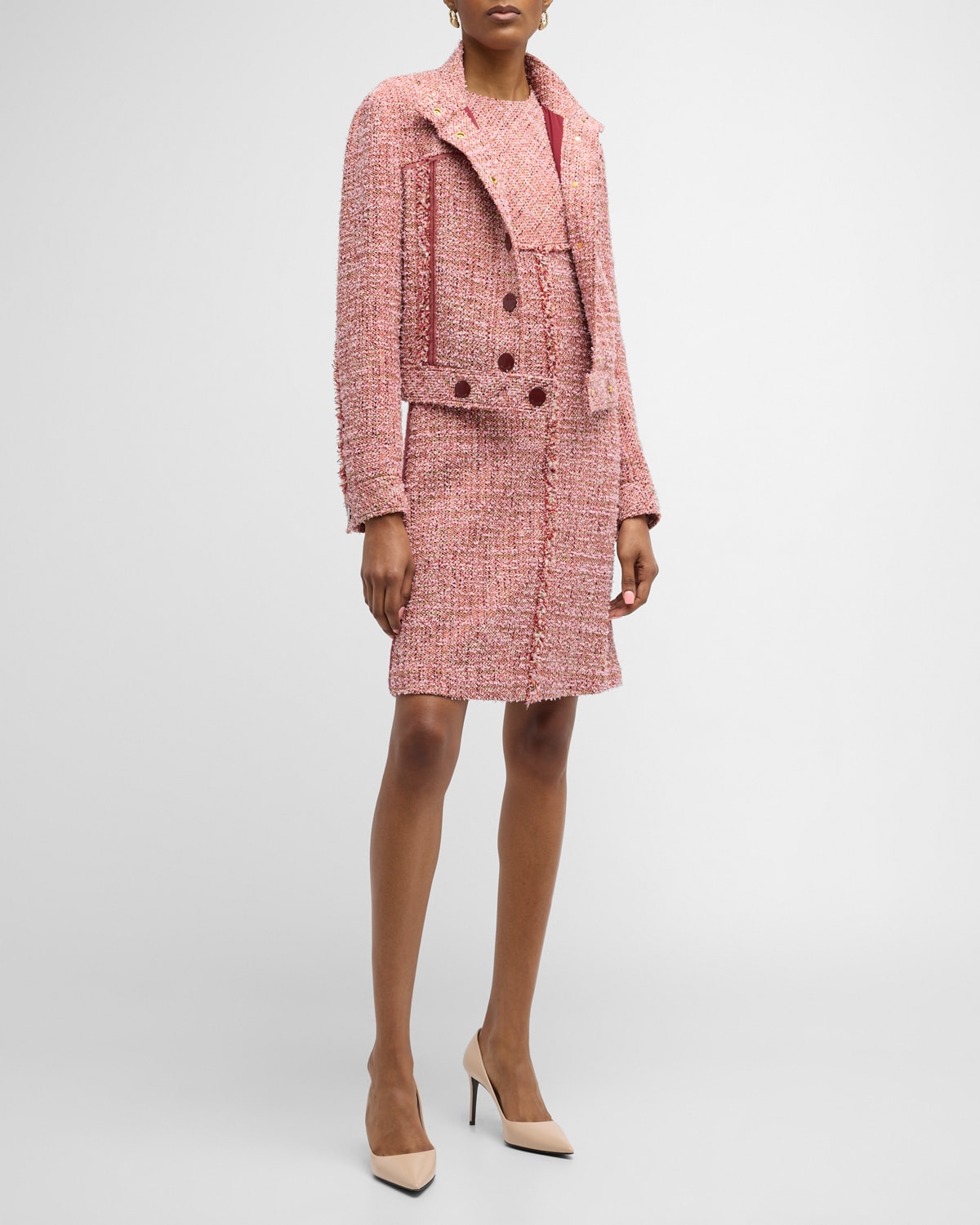 Tweed dress with fringed puff shoulder. Pink or cream – Catherine