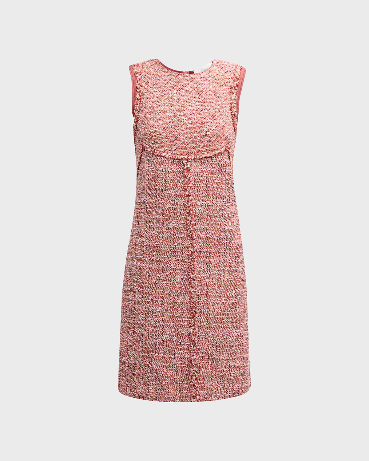 Tweed dress with fringed puff shoulder. Pink or cream – Catherine