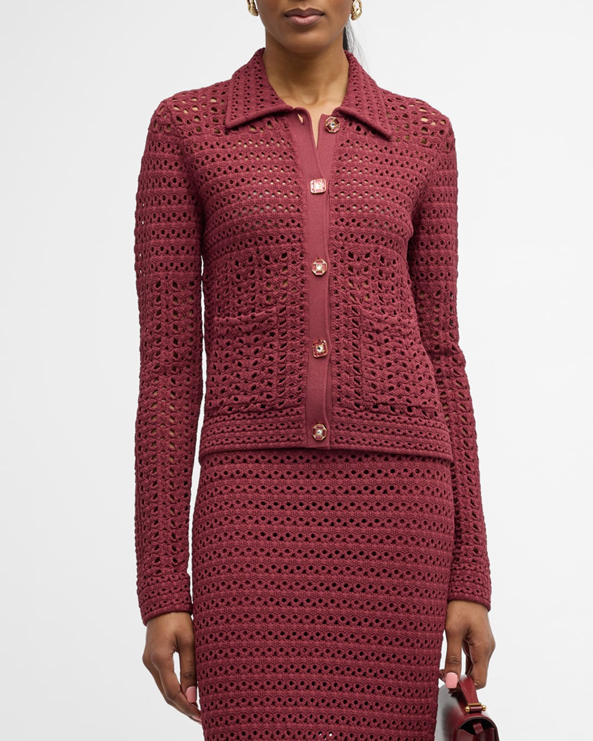 St John Jewel-button Crochet Knit Collared Cardigan In Cranberry