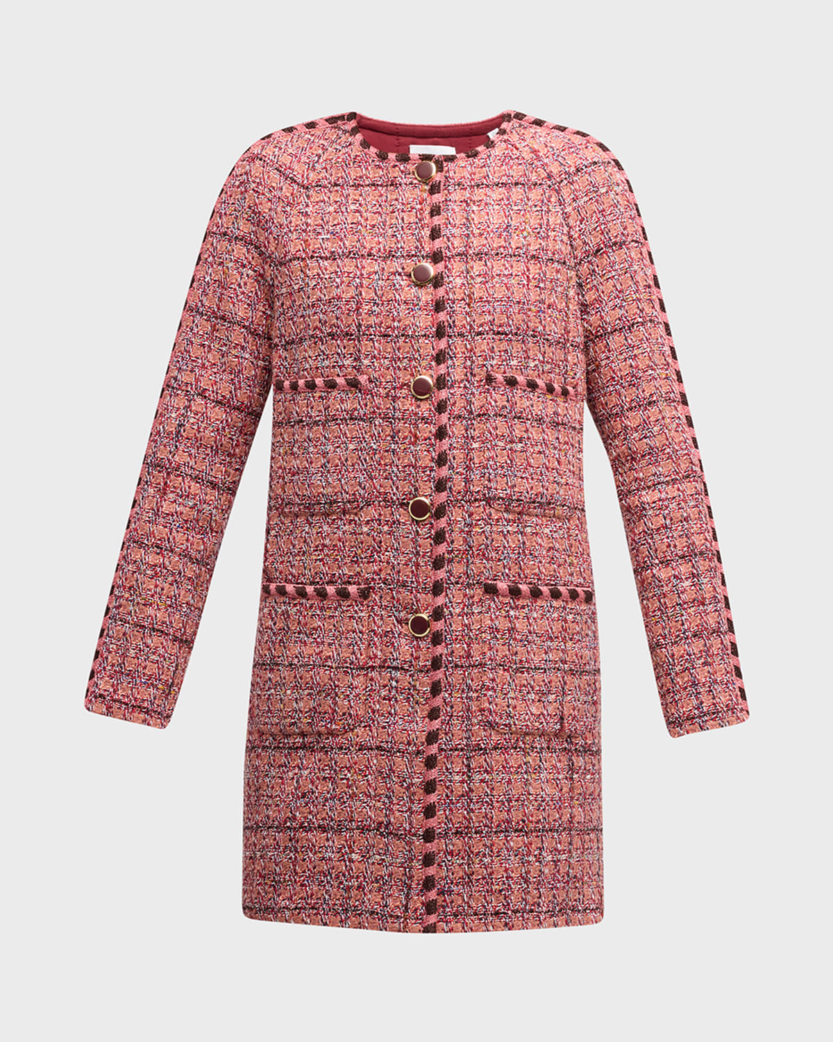 Metallic Knit-Trim Textured Slub Tweed Jacket