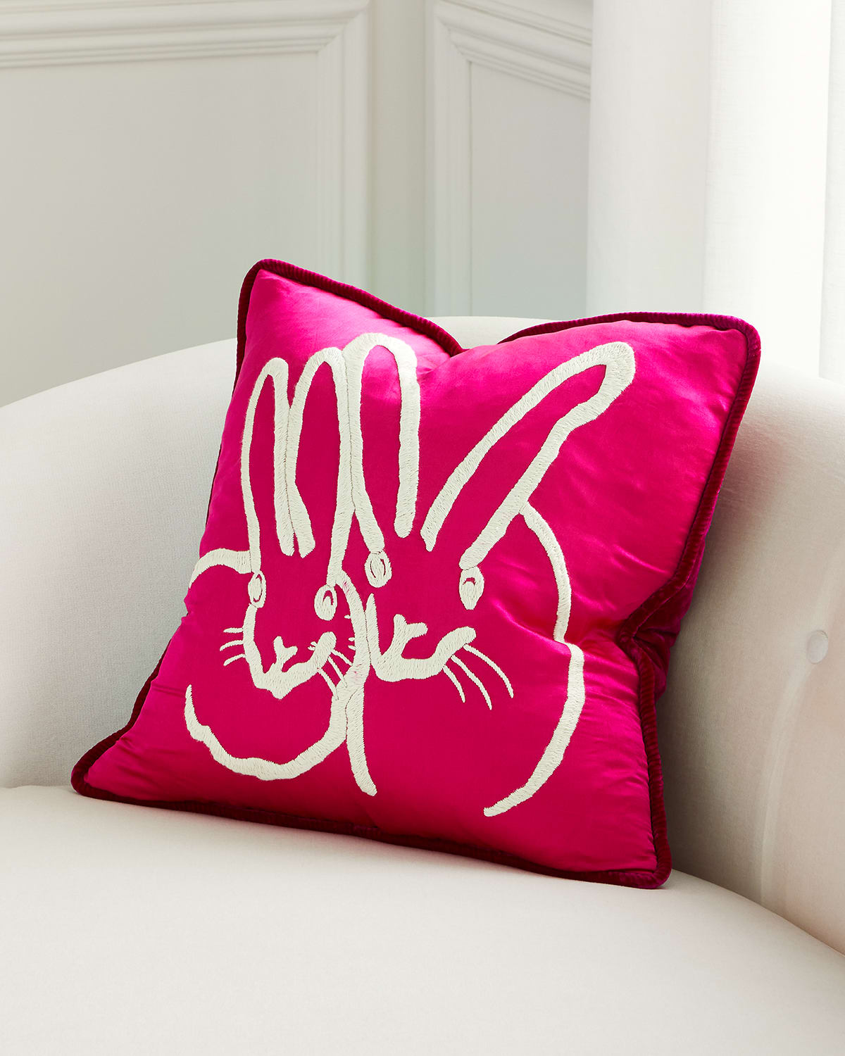 Hunt Slonem Hand-embroidered Silk Bunny Pillow, Pink