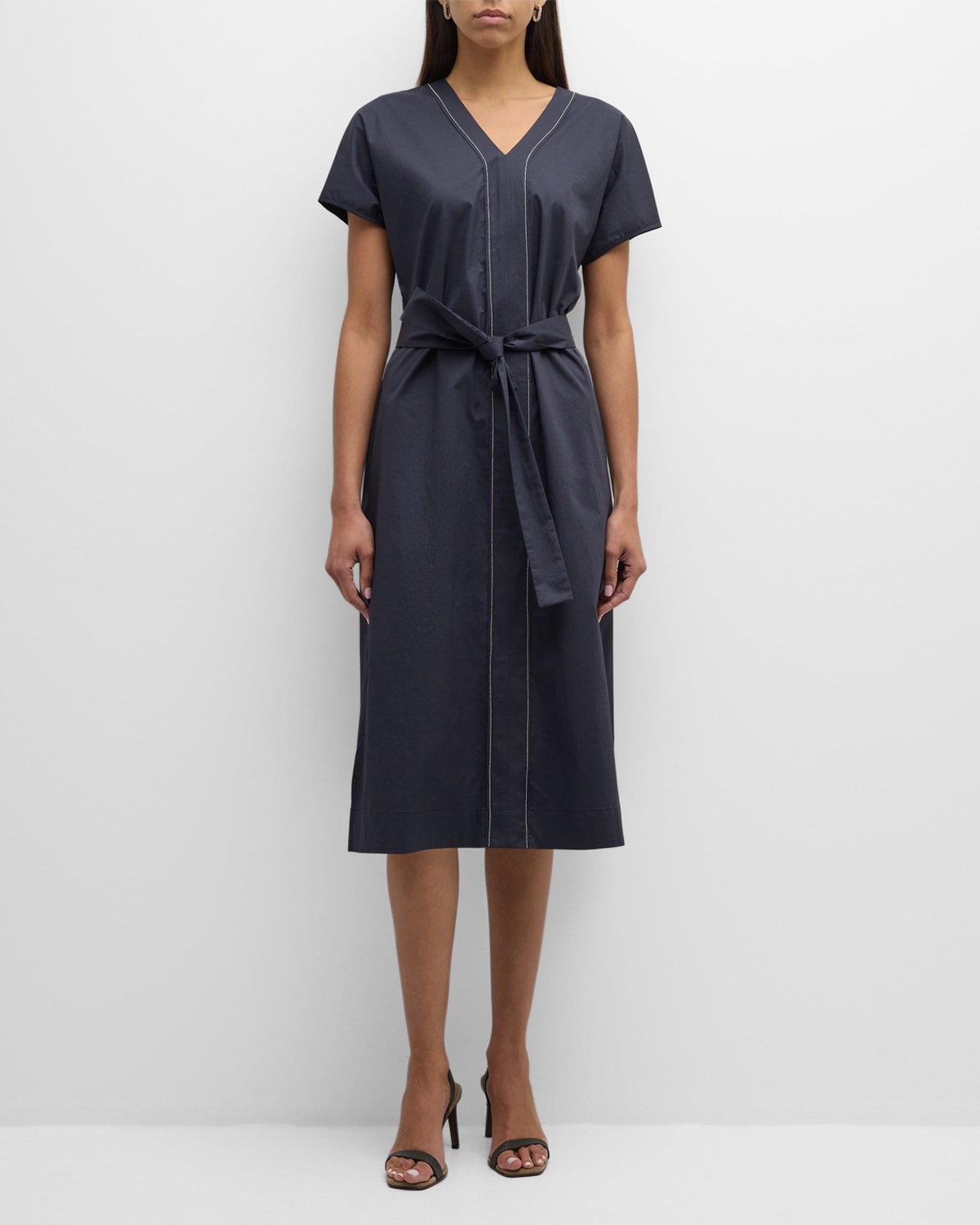 Peserico Beaded Belted A-line Midi Dress In Ink Blue