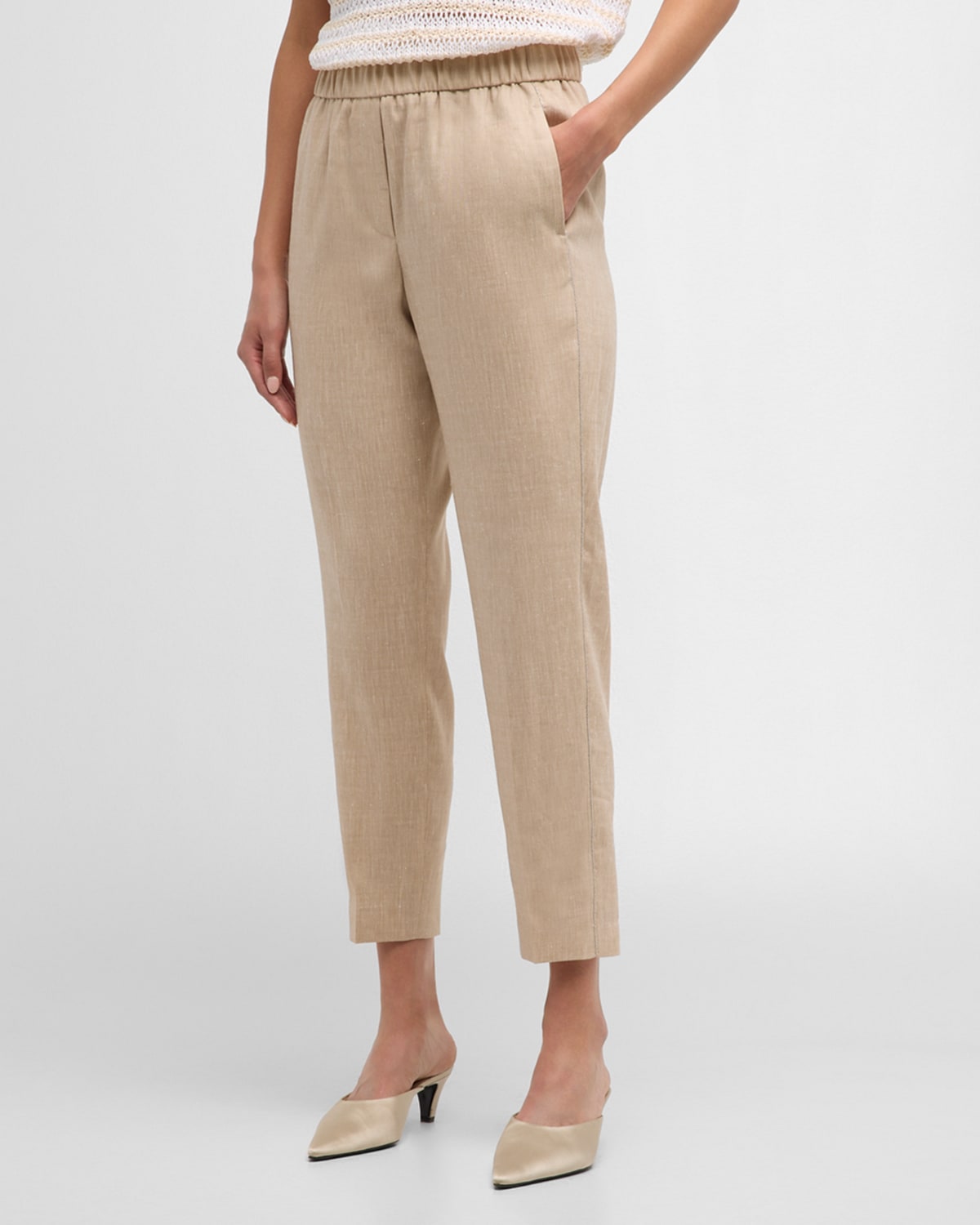 Cropped Bead-Trim Tapered Pants