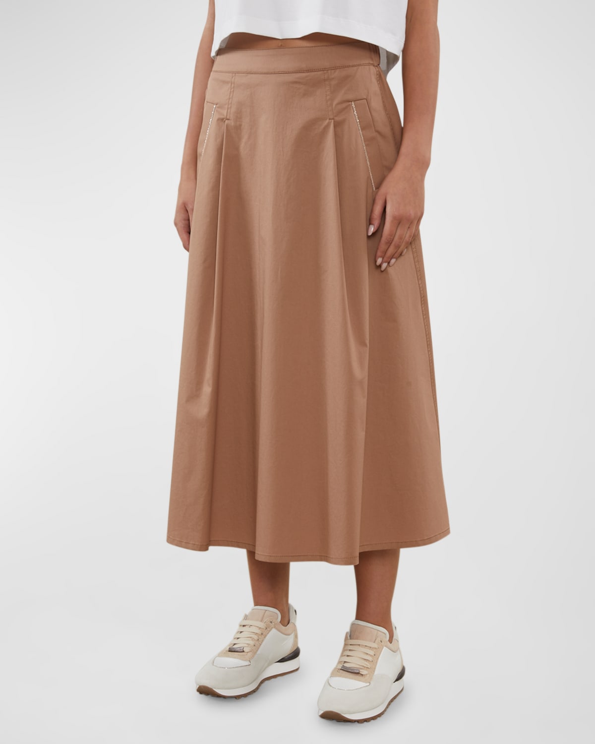 Shop Peserico Pleated Bead-trim A-line Midi Skirt In Terracotta