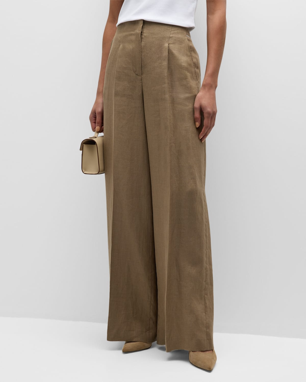 Peserico Pleated High-rise Wide-leg Linen Pants In Sepia