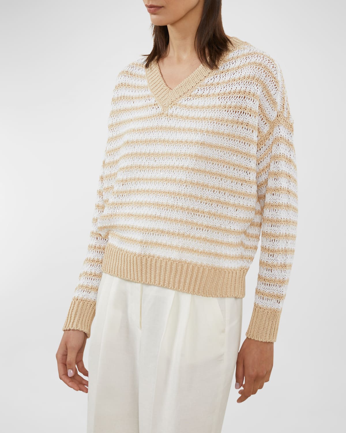 Peserico Striped Sequined Knit Sweater In Raffia And Bianco