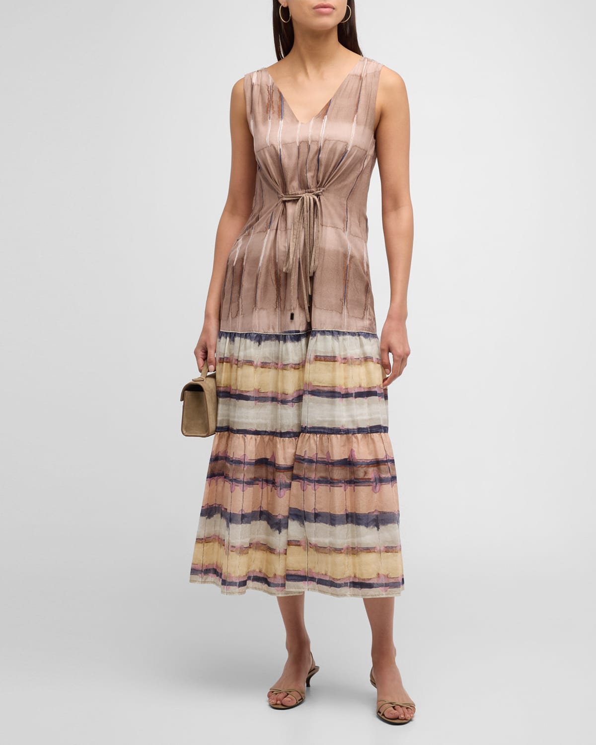 Peserico Sleeveless Tiered Watercolor-print Maxi Dress In Sepia