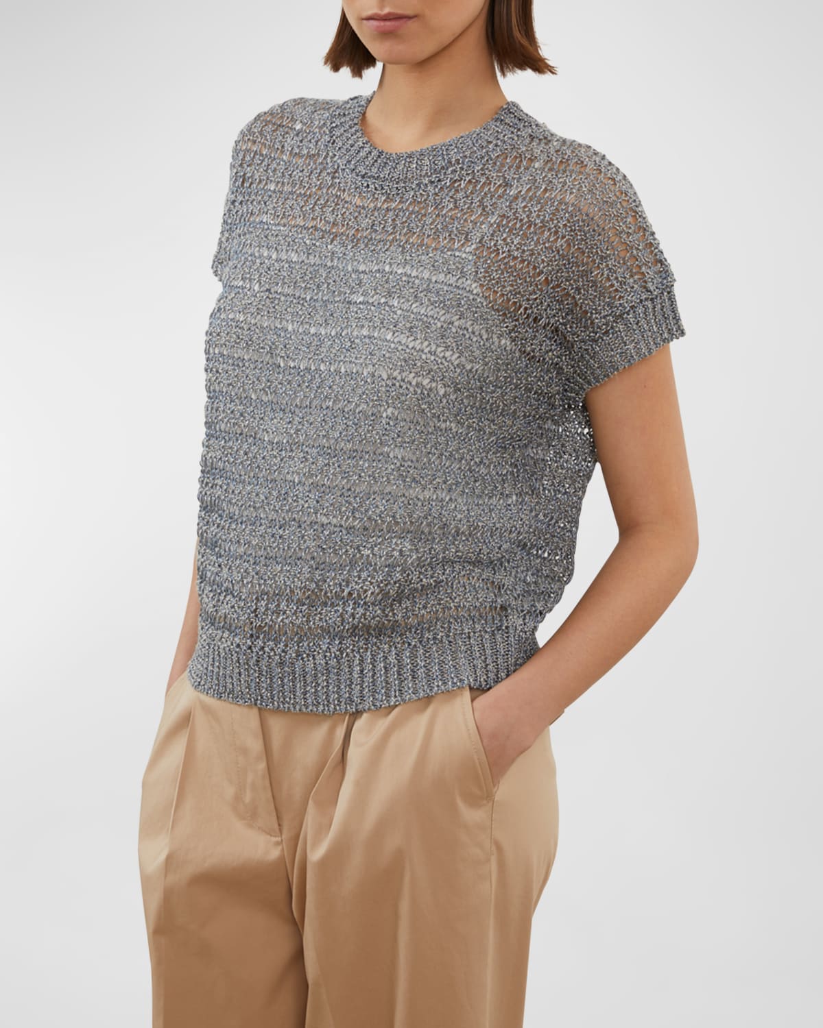 Peserico Short-sleeve Crewneck Open-stitch Sweater In Aviation Blue