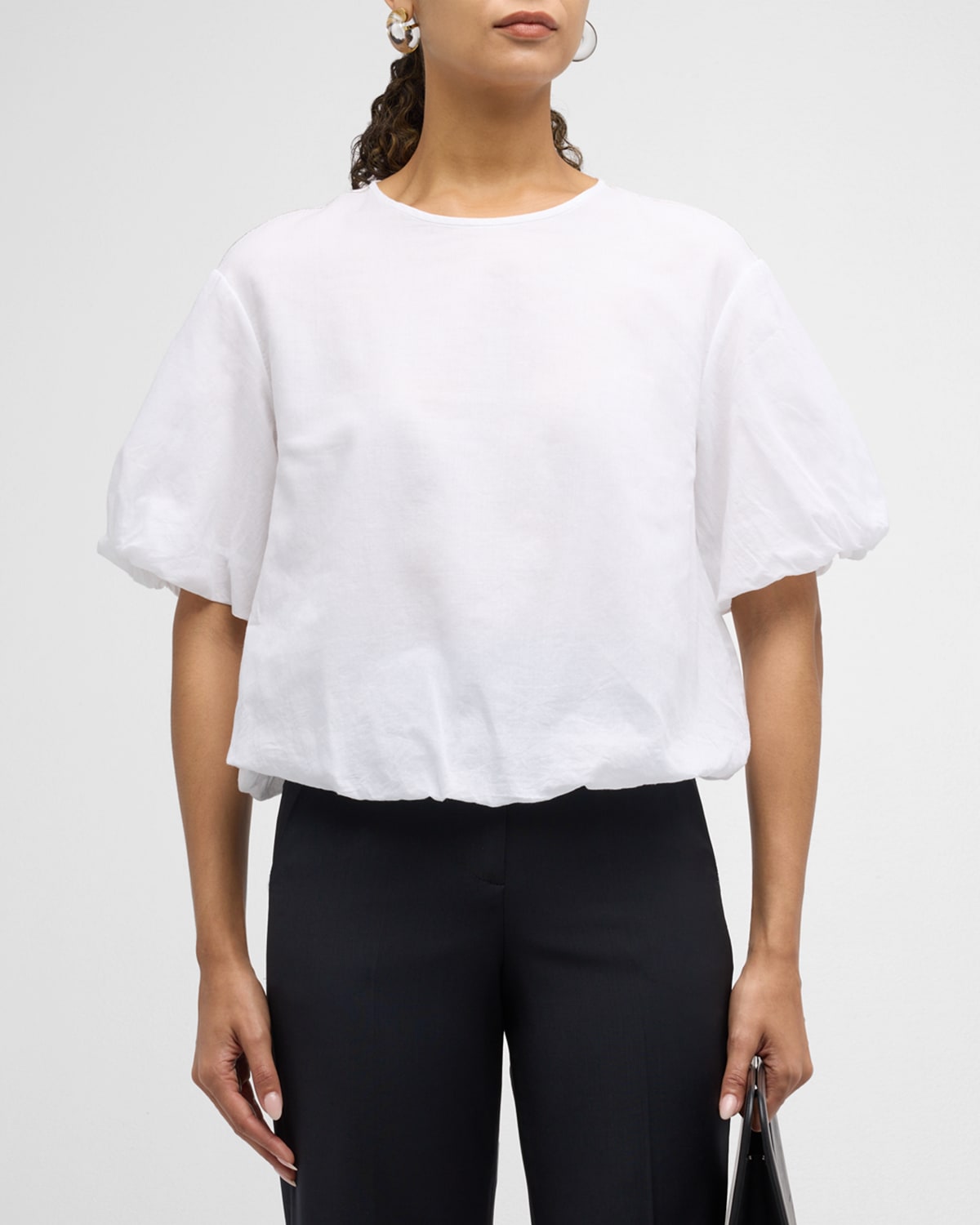 Peserico Bead-trim Blouson-sleeve Cotton Shirt In Optical White