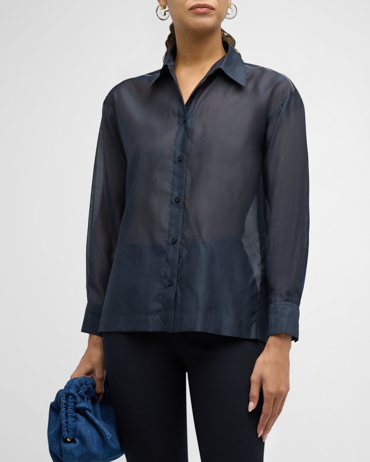 Peserico Sheer Bead-trim Button-down Shirt In Ink Blue
