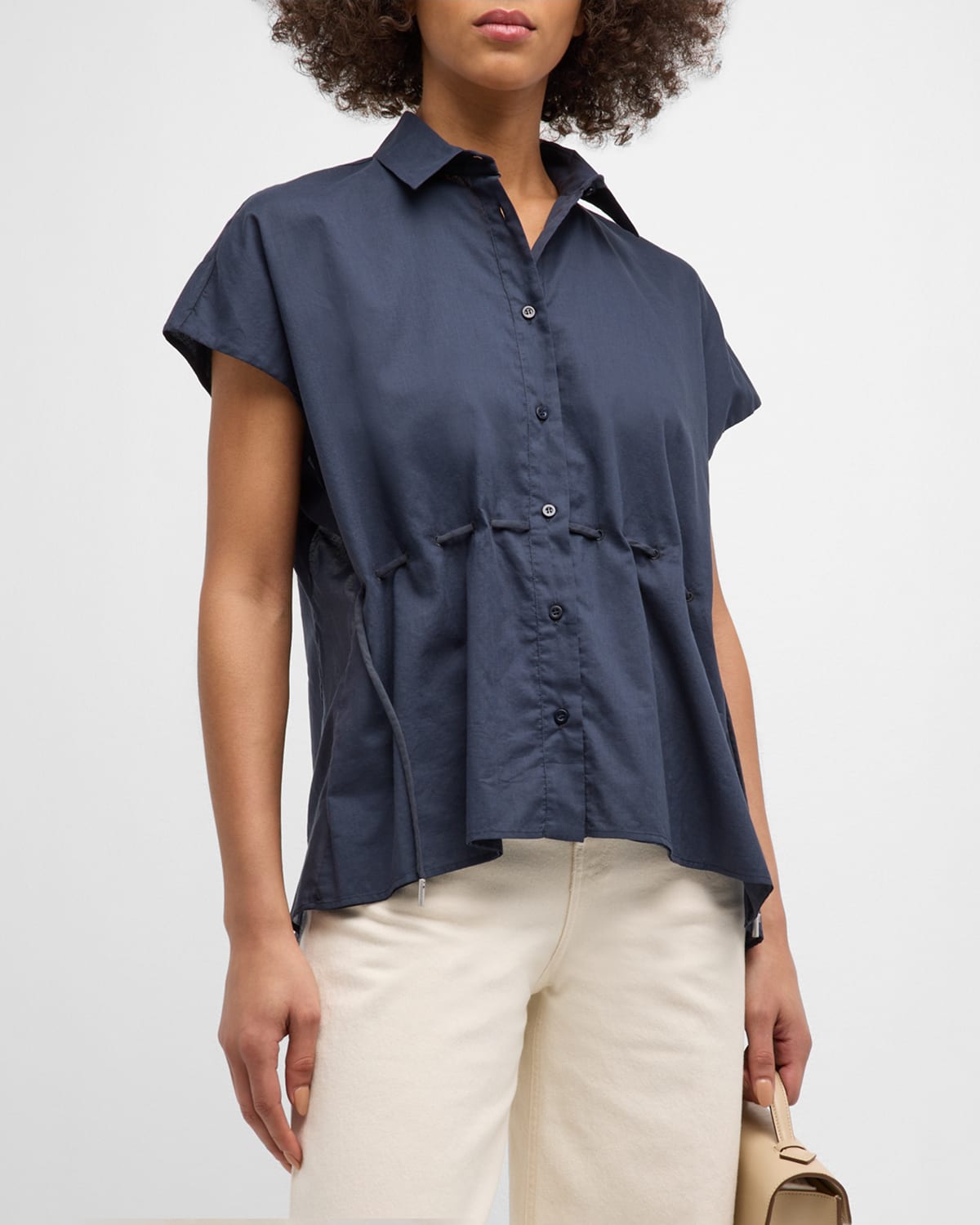 Peserico Button-down Drawstring Cotton Shirt In Ink Blue