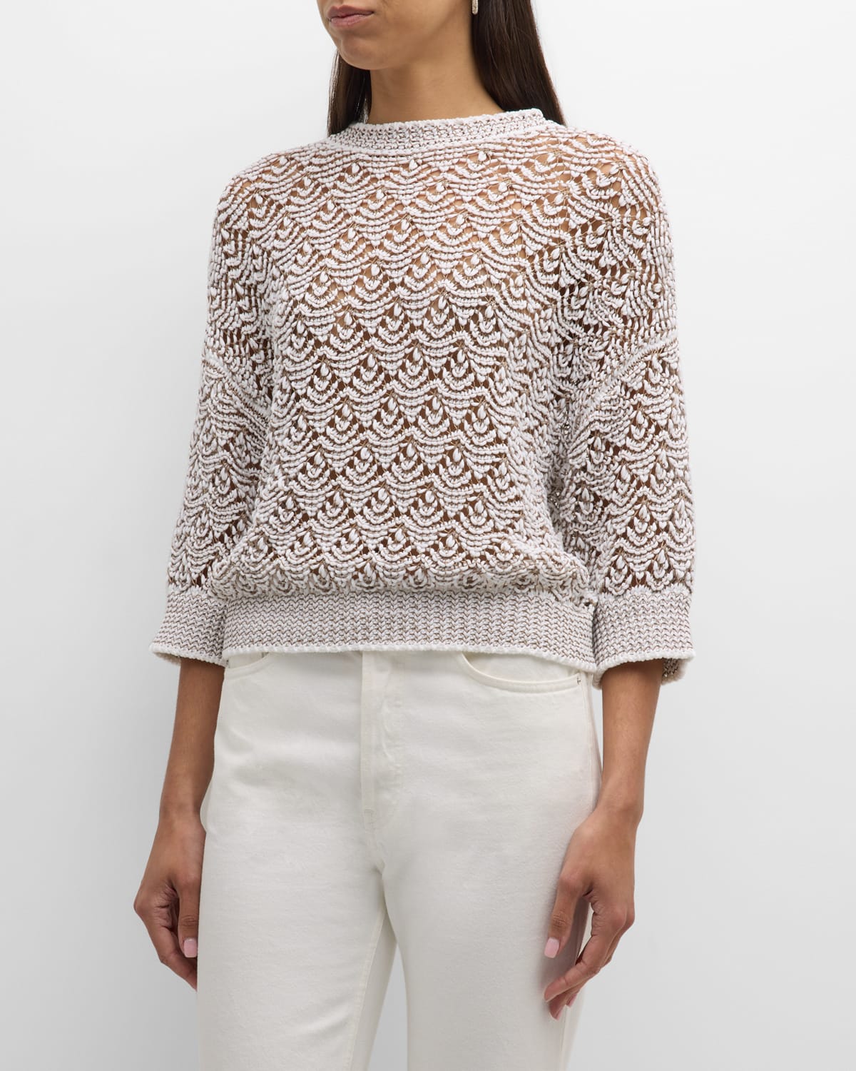 Peserico Open-stitch 3/4-sleeve Sweater In White And Bronze