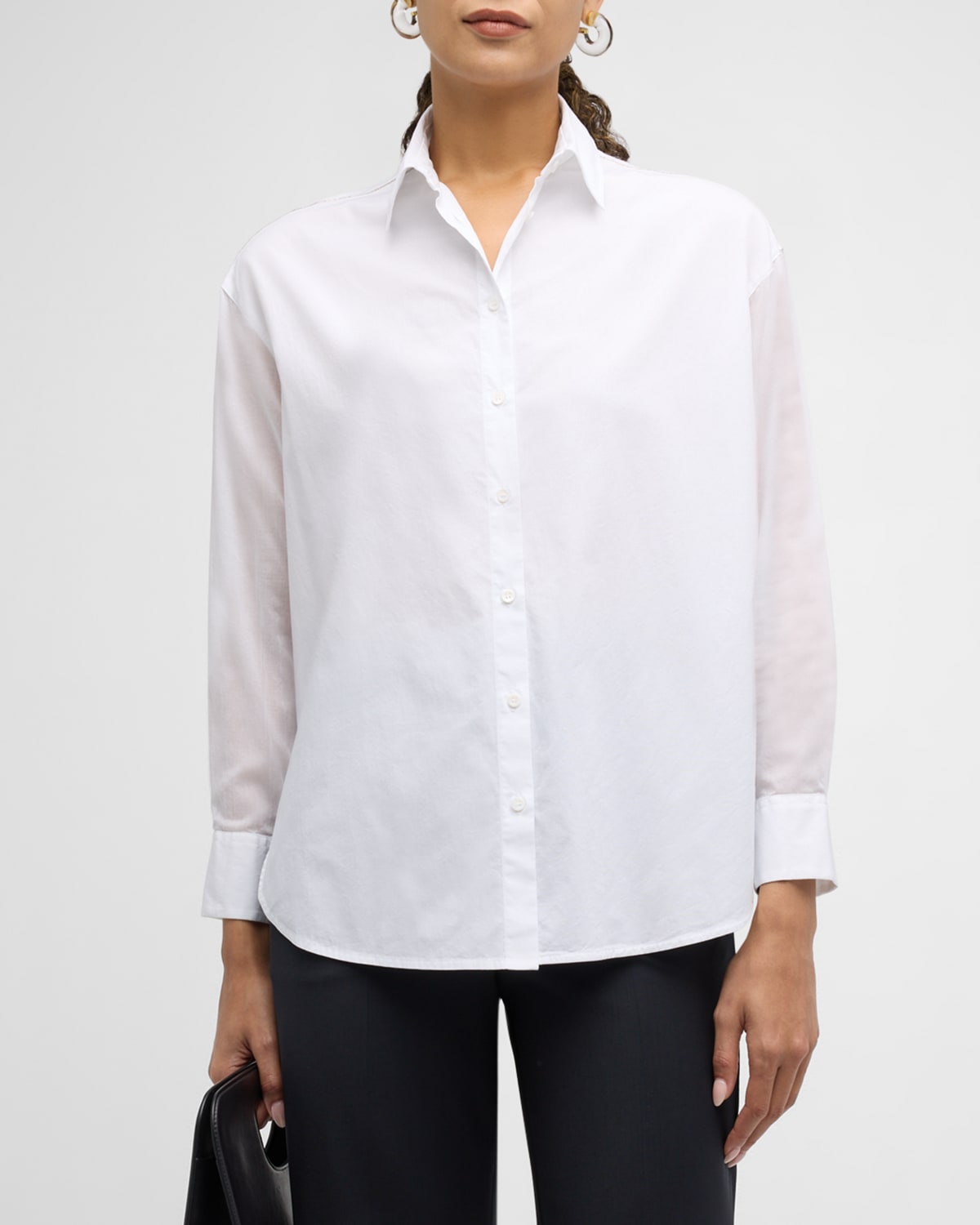 Peserico Beaded-trim Long-sleeve Silk Shirt In Bright White