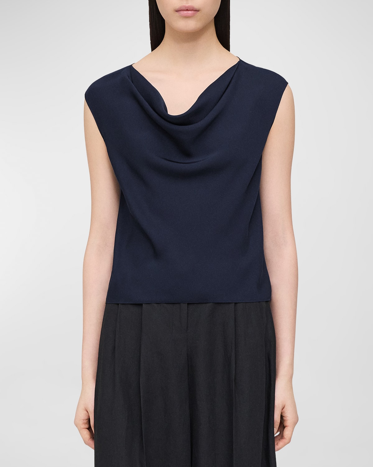 Theory Cowl Neck Top In Silk Georgette In Nocturne Navy