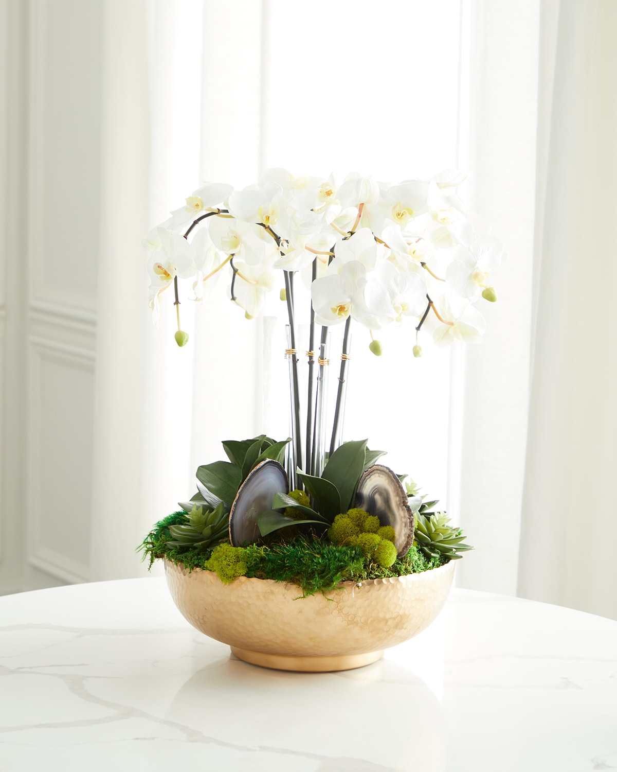 Shop T & C Floral Company Orchid Faux Florals In Gold Hammered Metal Bowl With Selenite & Agate Slabs - 24" In White