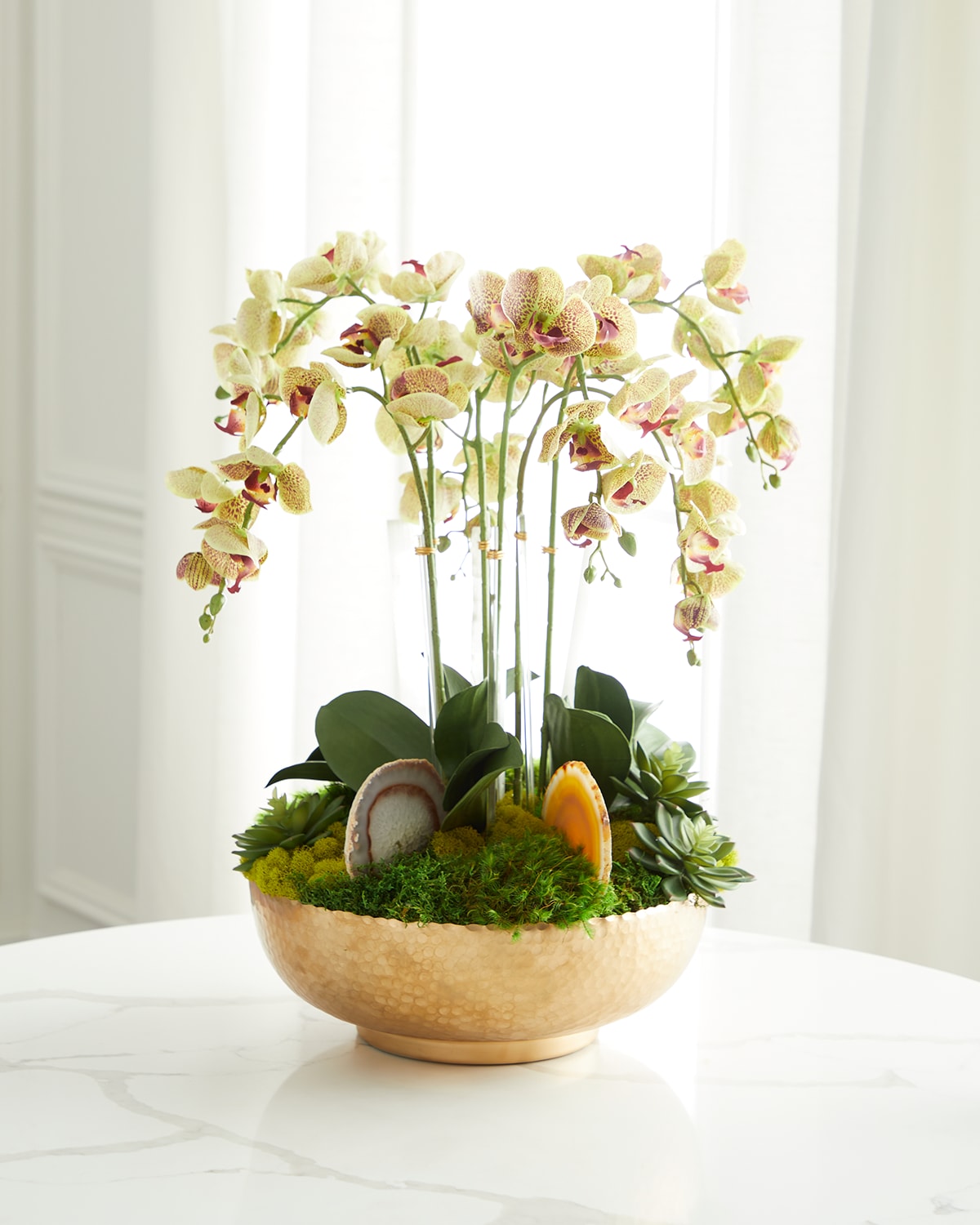T & C Floral Company Orchid Faux Florals In Gold Hammered Metal Bowl With Selenite & Agate Slabs - 24" In Multi