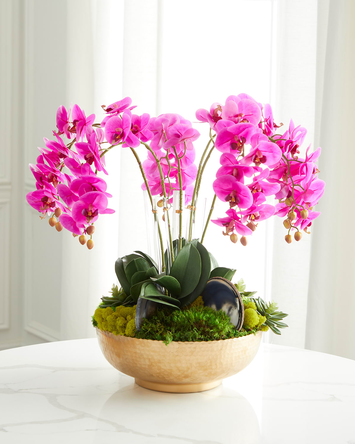 Shop T & C Floral Company Orchid Faux Florals In Gold Hammered Metal Bowl With Selenite & Agate Slabs - 24" In Fuschia