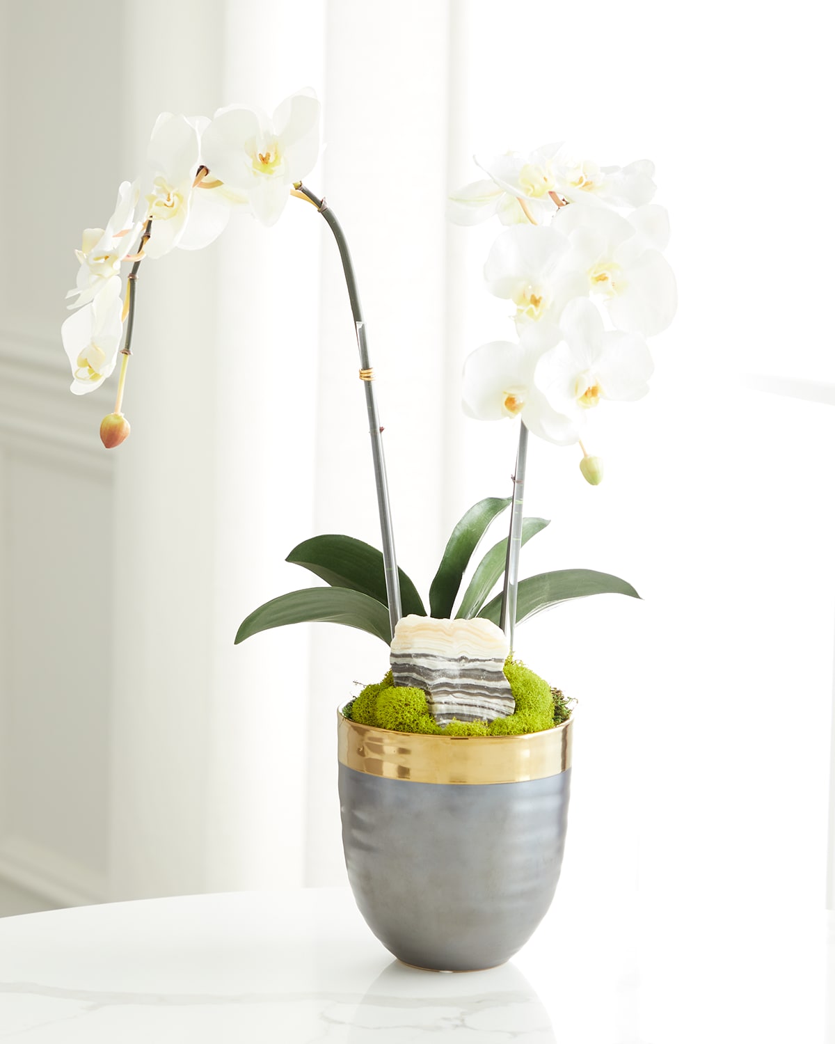 Shop T & C Floral Company Double Orchid Faux Florals In Gold-rimmed Ceramic Pot With Zebra Stone - 22" In White