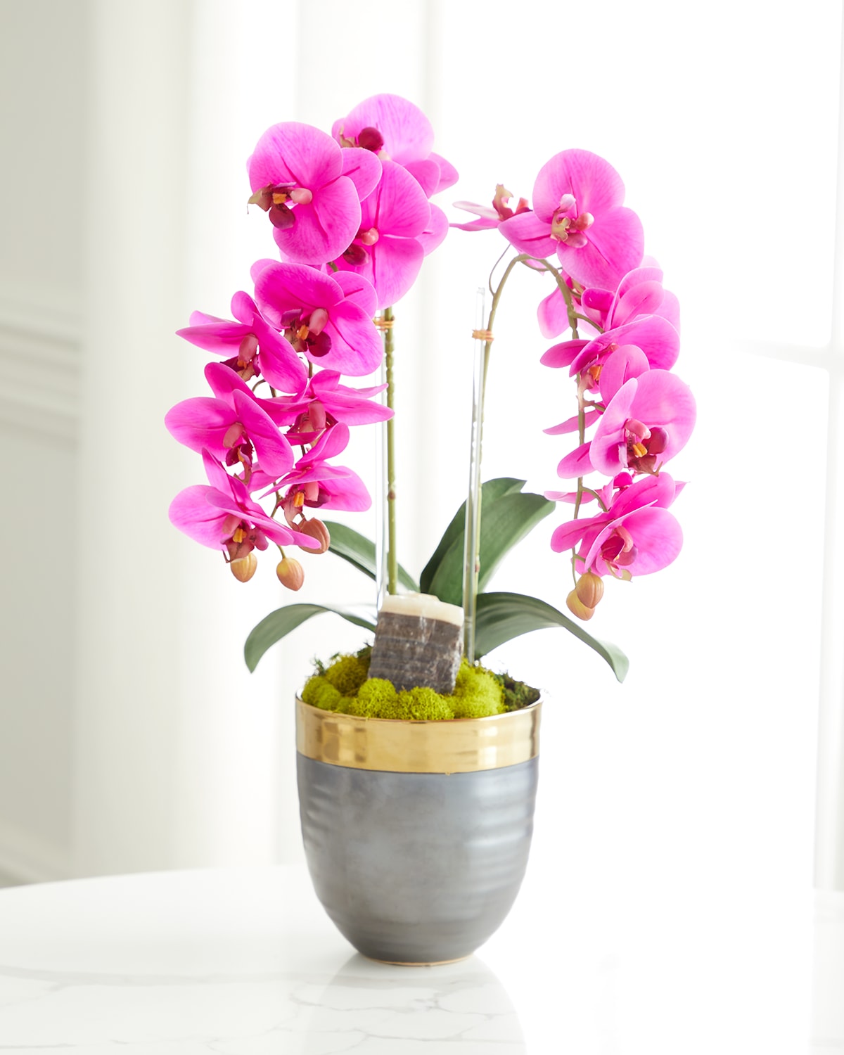 Shop T & C Floral Company Double Orchid Faux Florals In Gold-rimmed Ceramic Pot With Zebra Stone - 22" In Fuschia