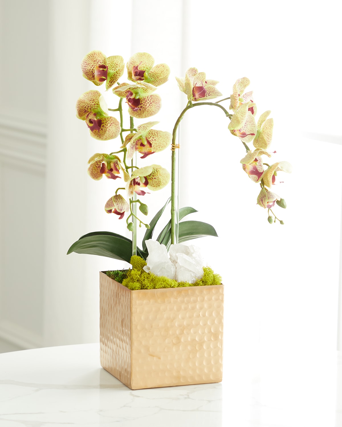 T & C Floral Company Double Orchid Faux Florals In Gold Hammered Metal Container With Quartz - 22" In White