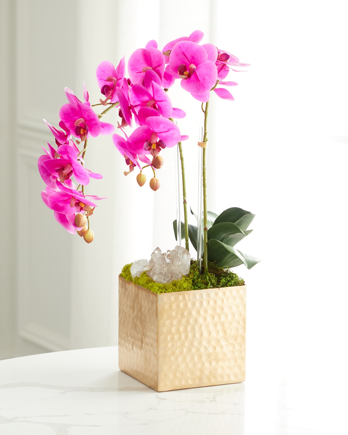 Shop T & C Floral Company Double Orchid Faux Florals In Gold Hammered Metal Container With Quartz - 22" In Fuschia