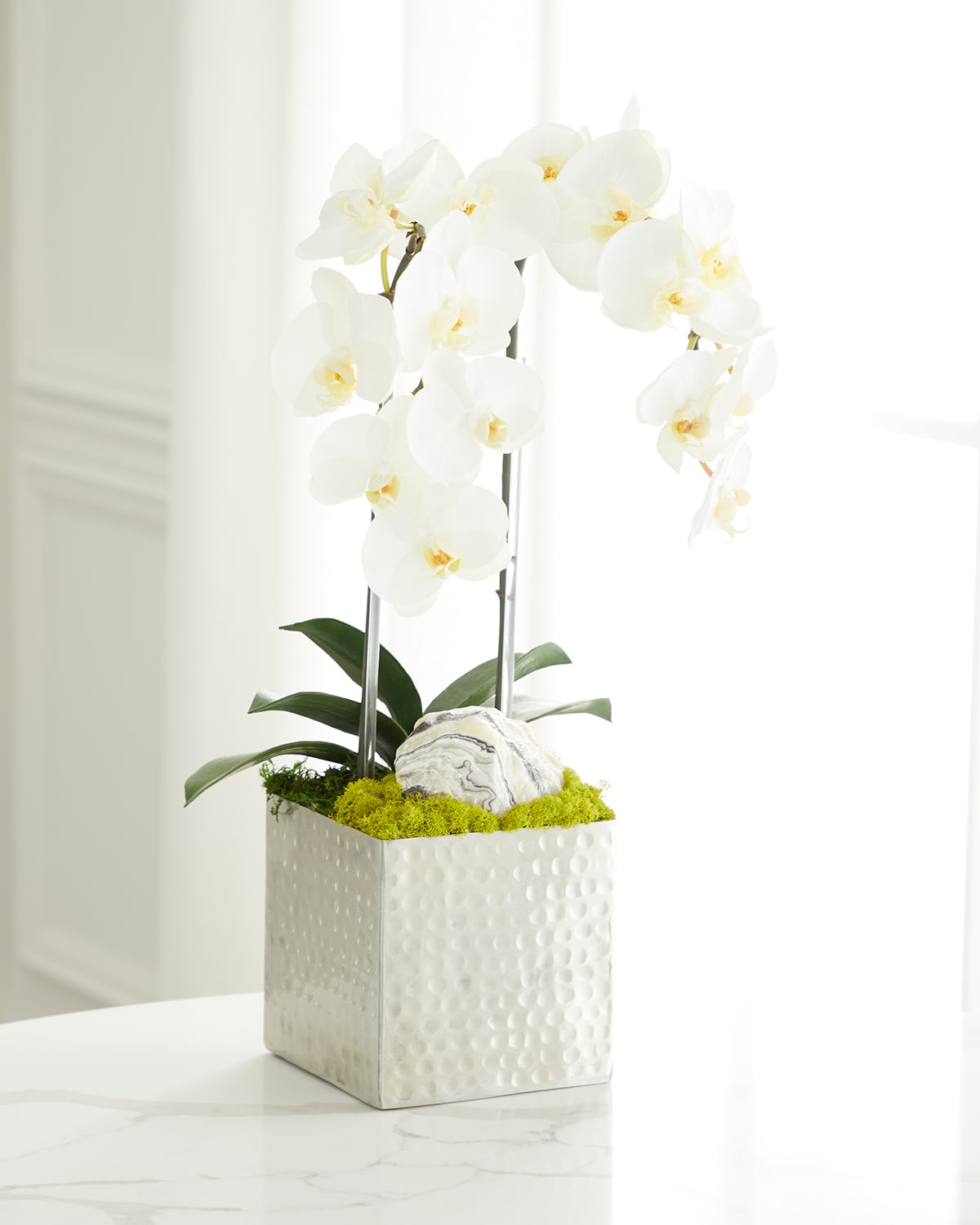 T & C Floral Company Double Orchid Faux Florals In Silver Hammered Metal Container With Zebra Stone - 22" In White
