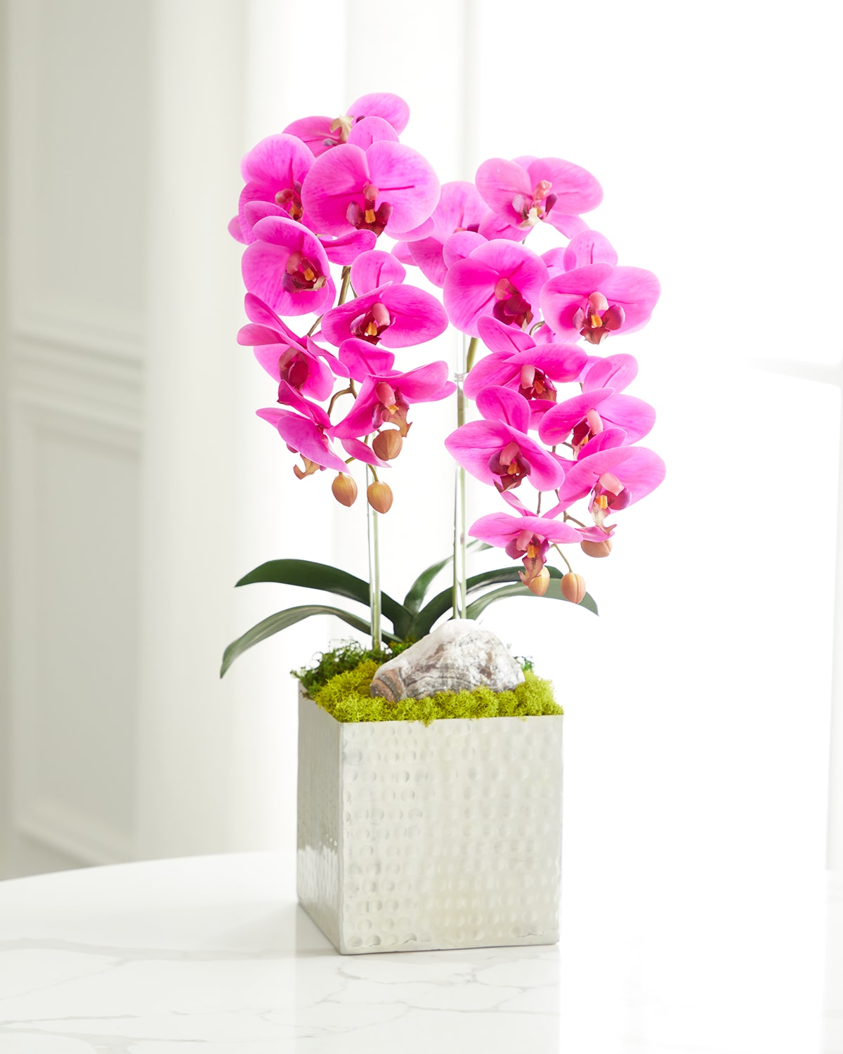 Shop T & C Floral Company Double Orchid Faux Florals In Silver Hammered Metal Container With Zebra Stone - 22" In Fuschia