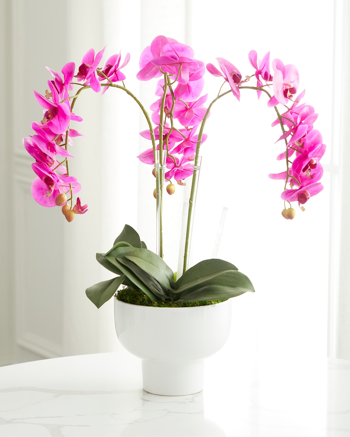 Shop T & C Floral Company Triple Orchid Faux Florals In White Ceramic Pot With Selenite - 23" In Fuschia