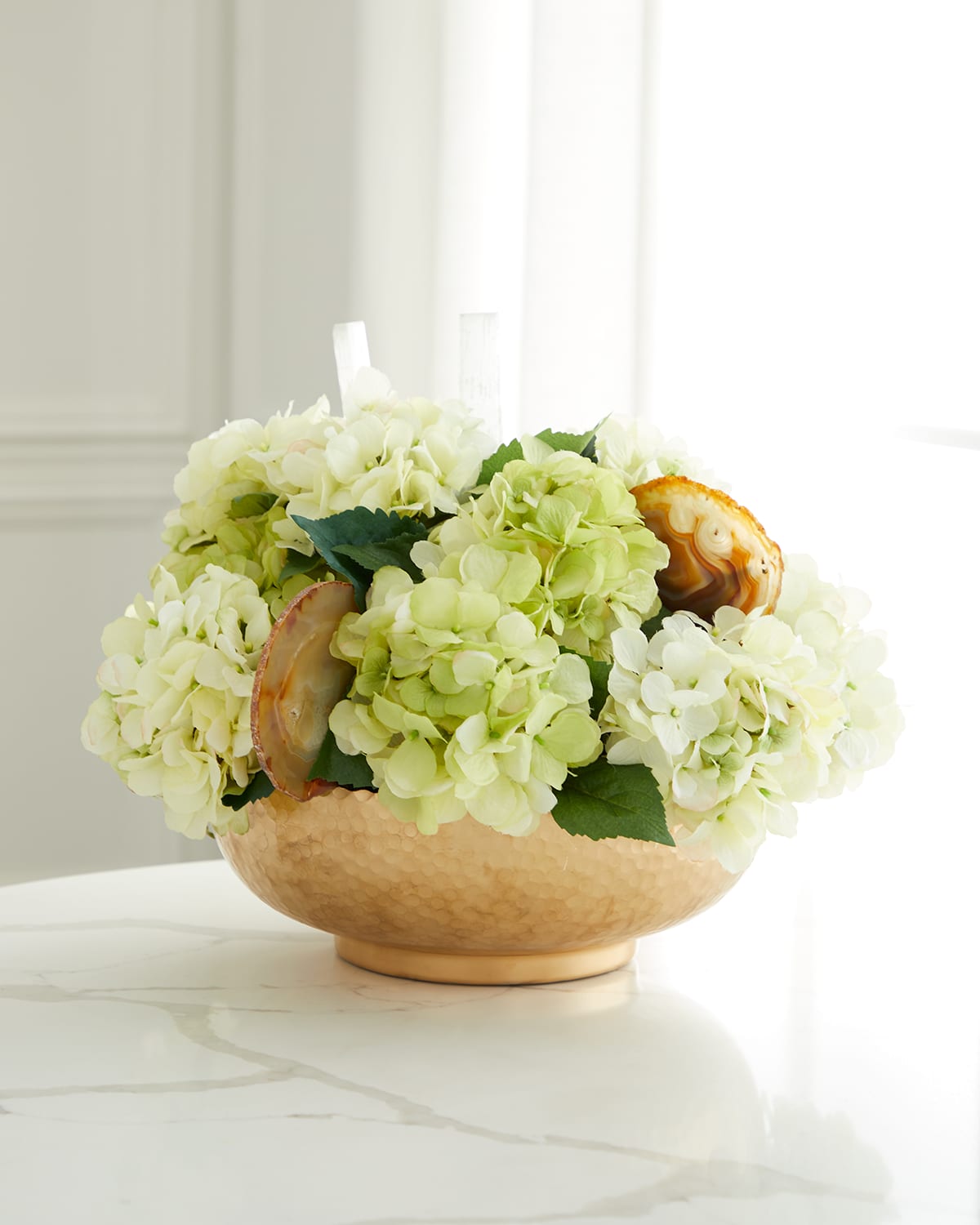 Shop T & C Floral Company Hydrangea Faux Floral Arrangement In Hammered Metal Bowl With Selenite And Agate Slabs - 17" In Cream