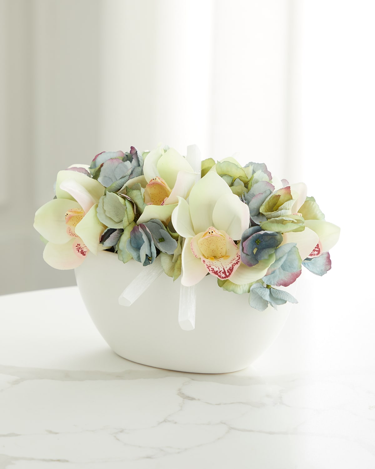 Shop T & C Floral Company Hydrangea And Orchid Faux Floral Arrangement In Ceramic Bowl With Selenite - 8" In White