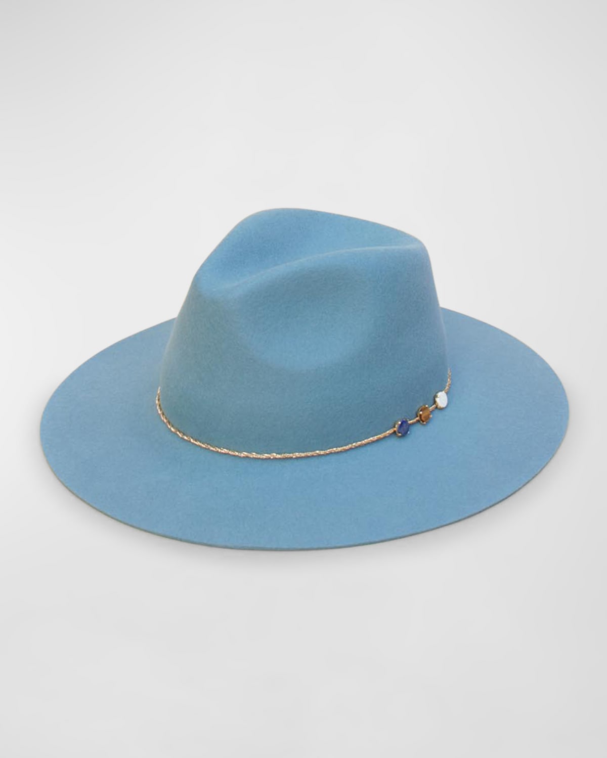 Van Palma Angele Merino Wool Fedora With Embellished Chain In Ice Blue