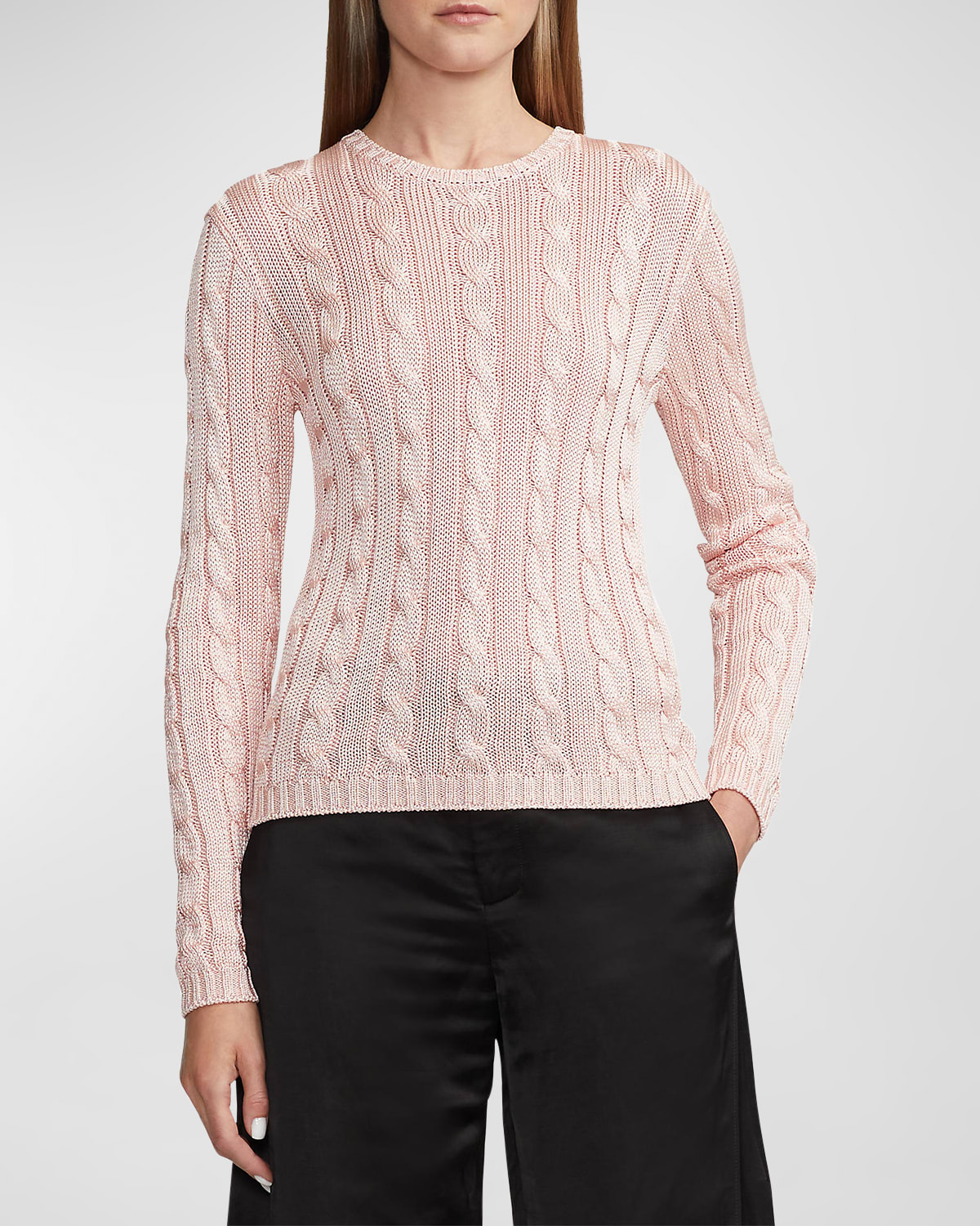 Cable High-Shine Silk Sweater, Pink